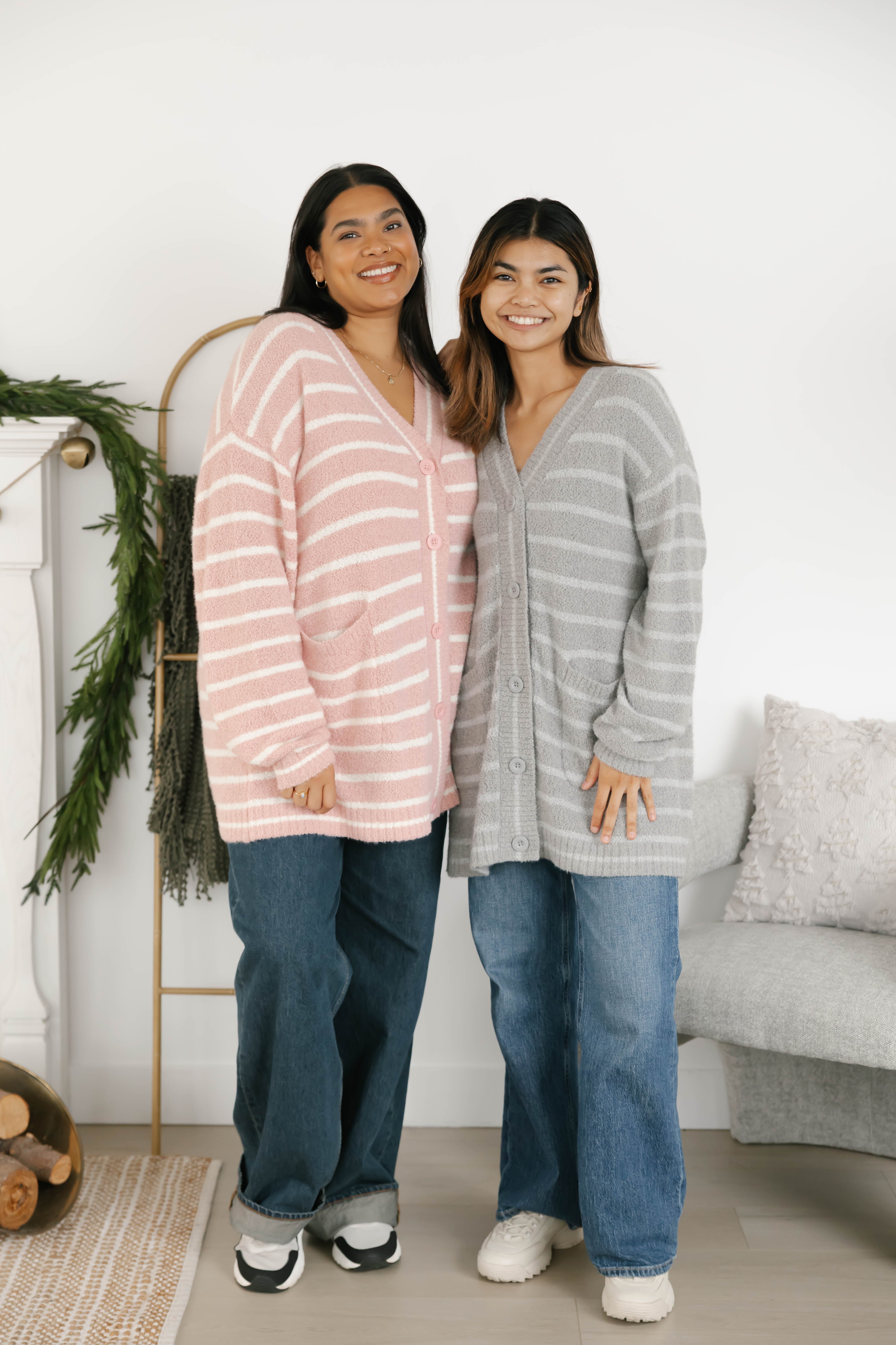 Bonnie Boucle Cardigan in Pink/Cream Stripe