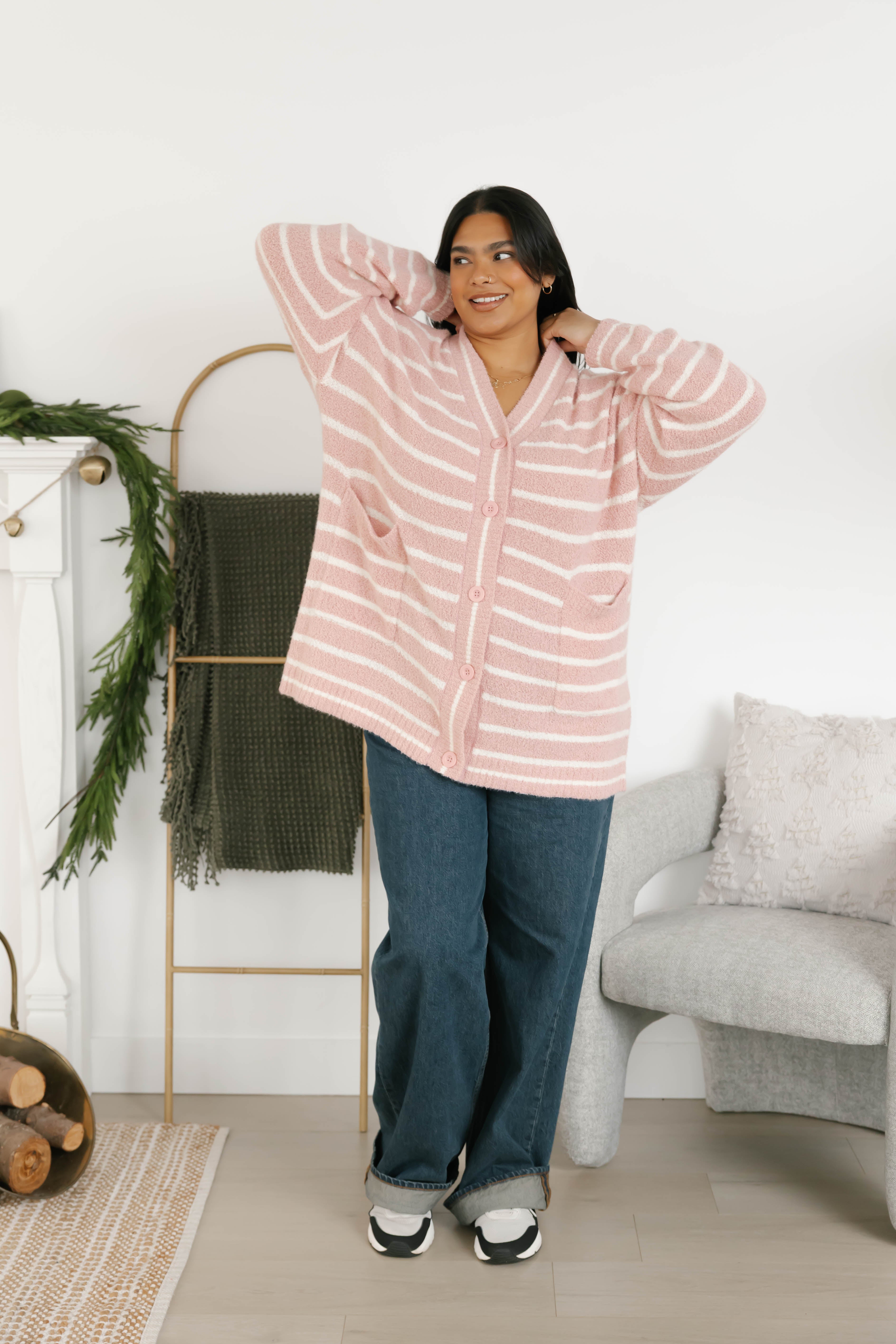 Bonnie Boucle Cardigan in Pink/Cream Stripe
