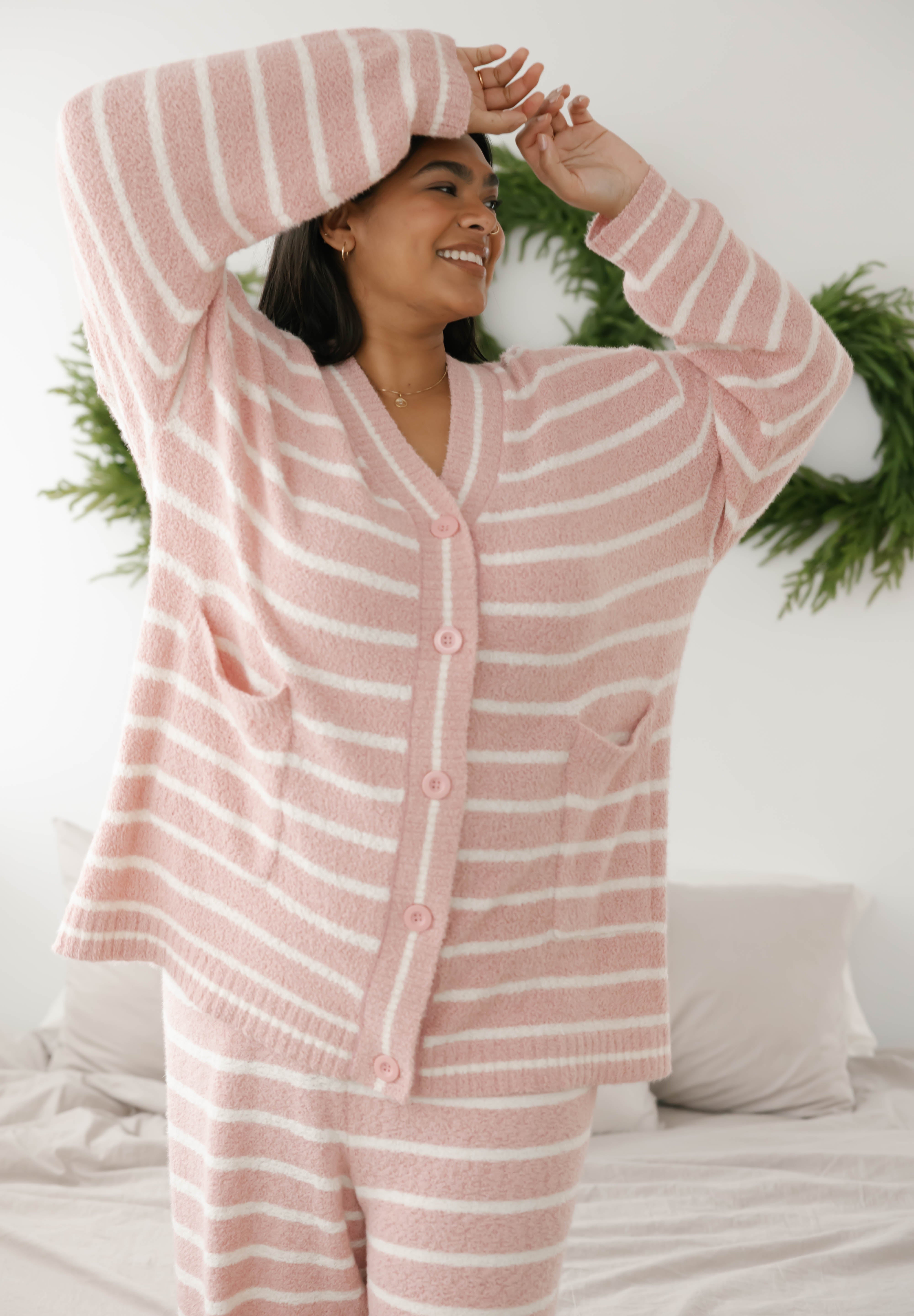 Bonnie Boucle Cardigan in Pink/Cream Stripe