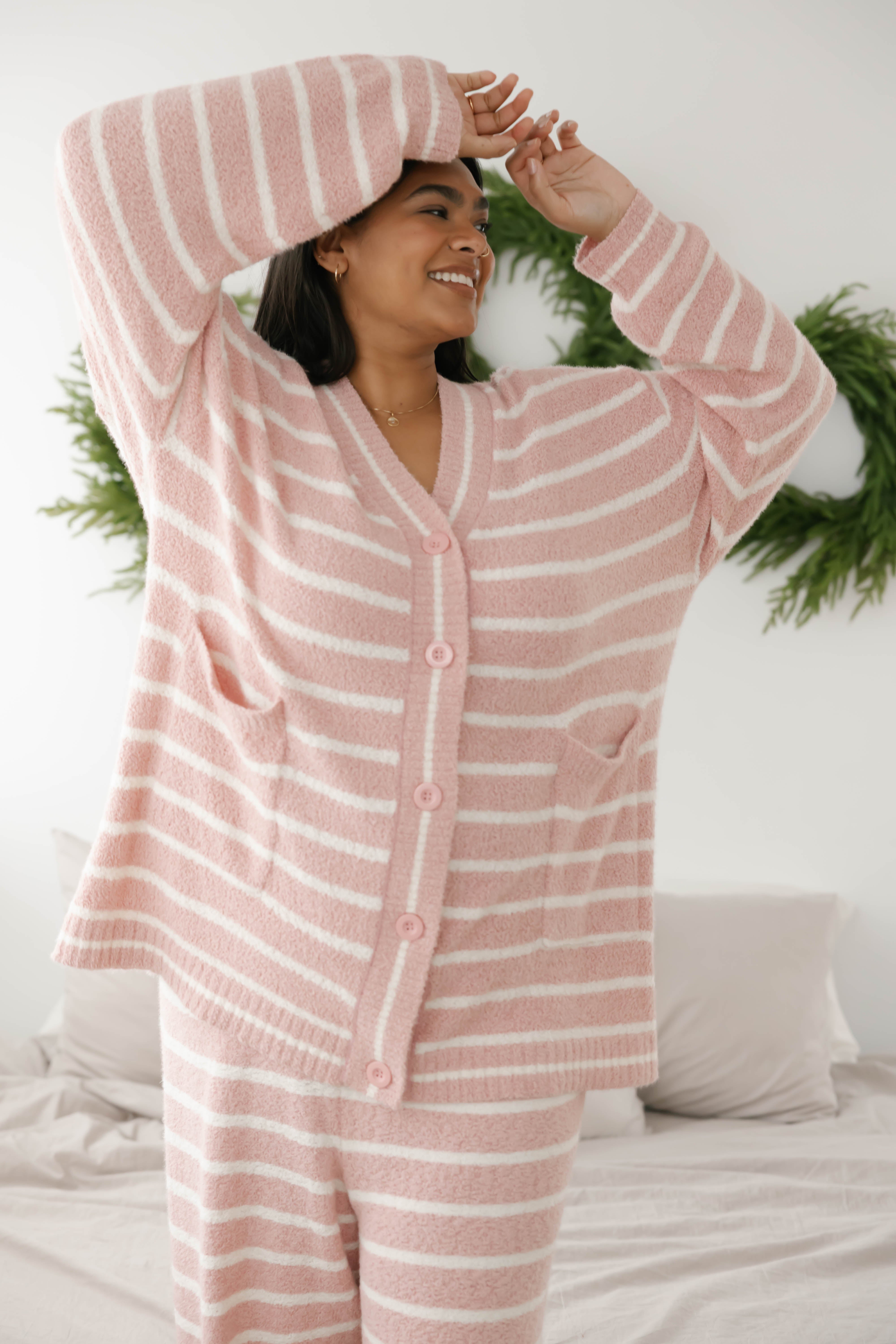 Bonnie Boucle Cardigan in Pink/Cream Stripe