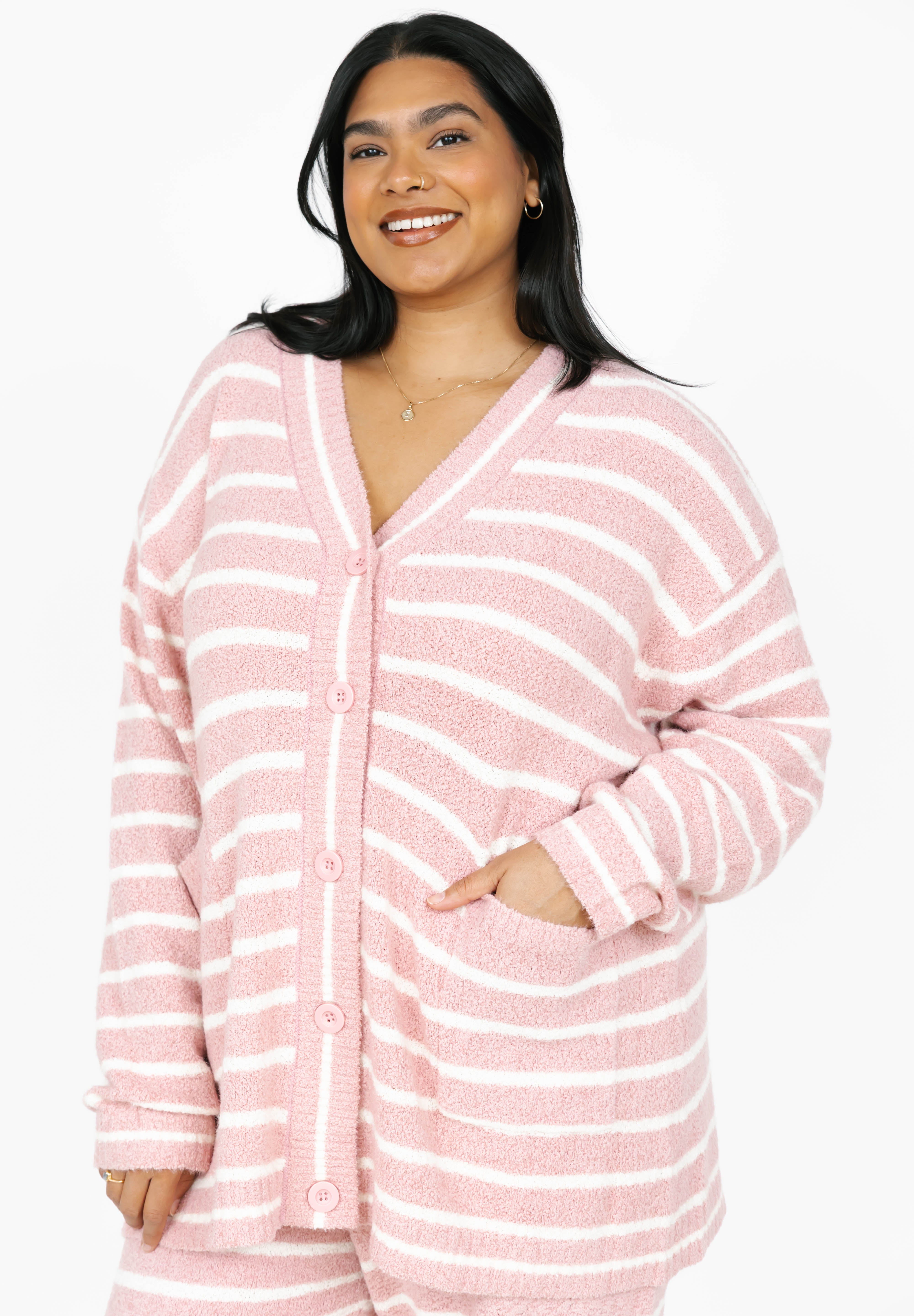 Bonnie Boucle Cardigan in Pink/Cream Stripe