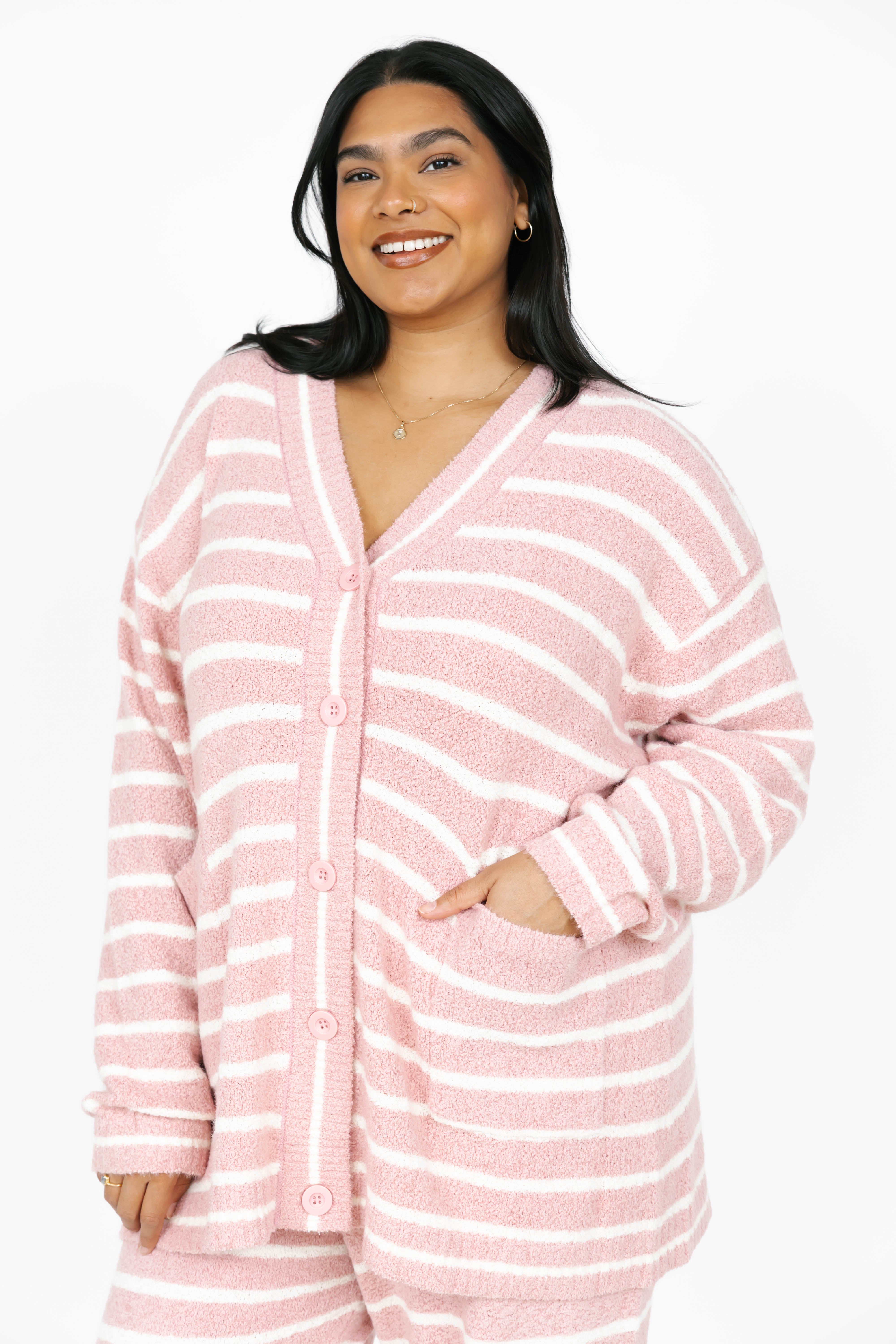 Bonnie Boucle Cardigan in Pink/Cream Stripe