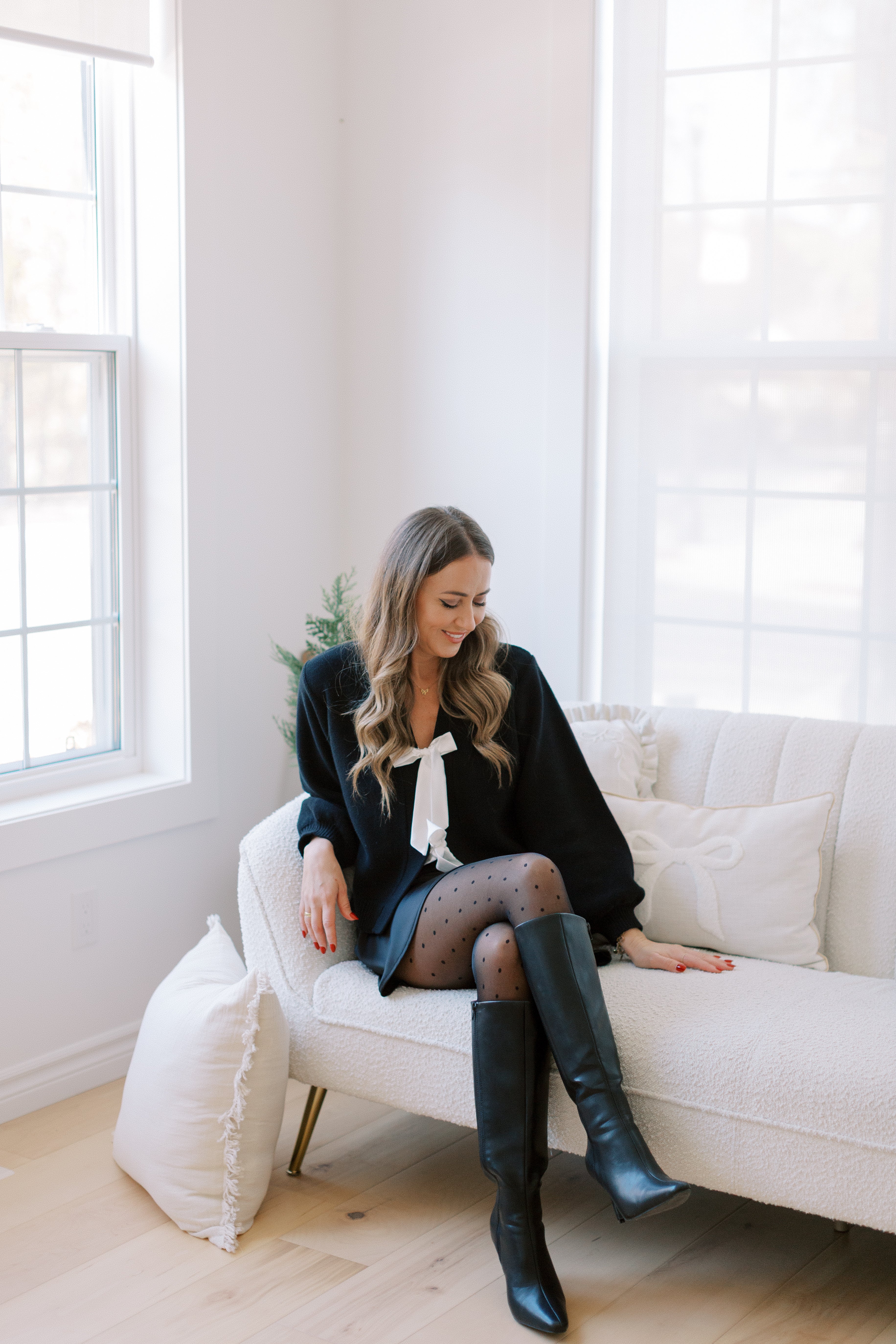 S+T x Fallon Farinacci Satin Bow Cardigan in Black/Cream