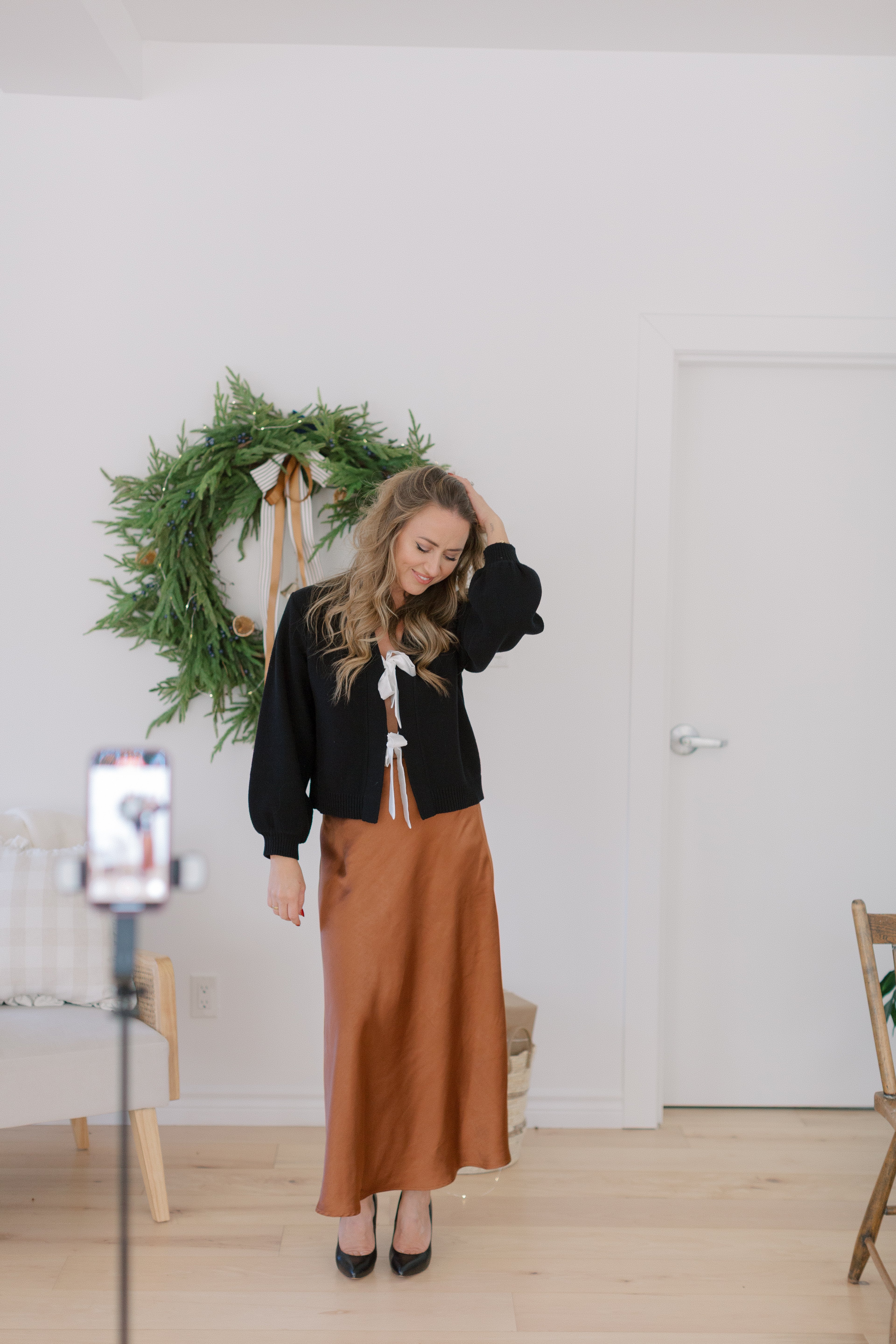 S+T x Fallon Farinacci Satin Bow Cardigan in Black/Cream