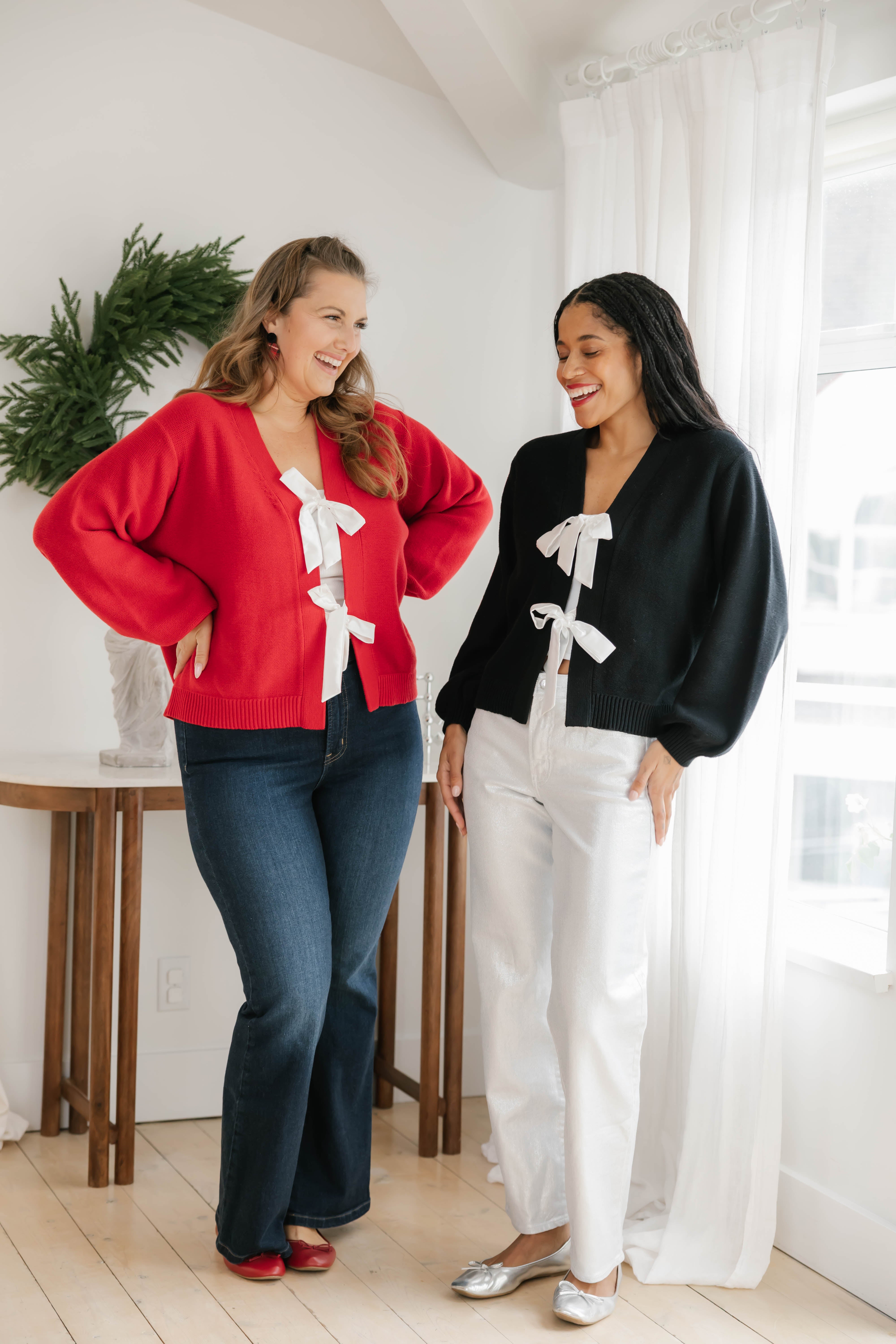 S+T x Fallon Farinacci Satin Bow Cardigan in Black/Cream