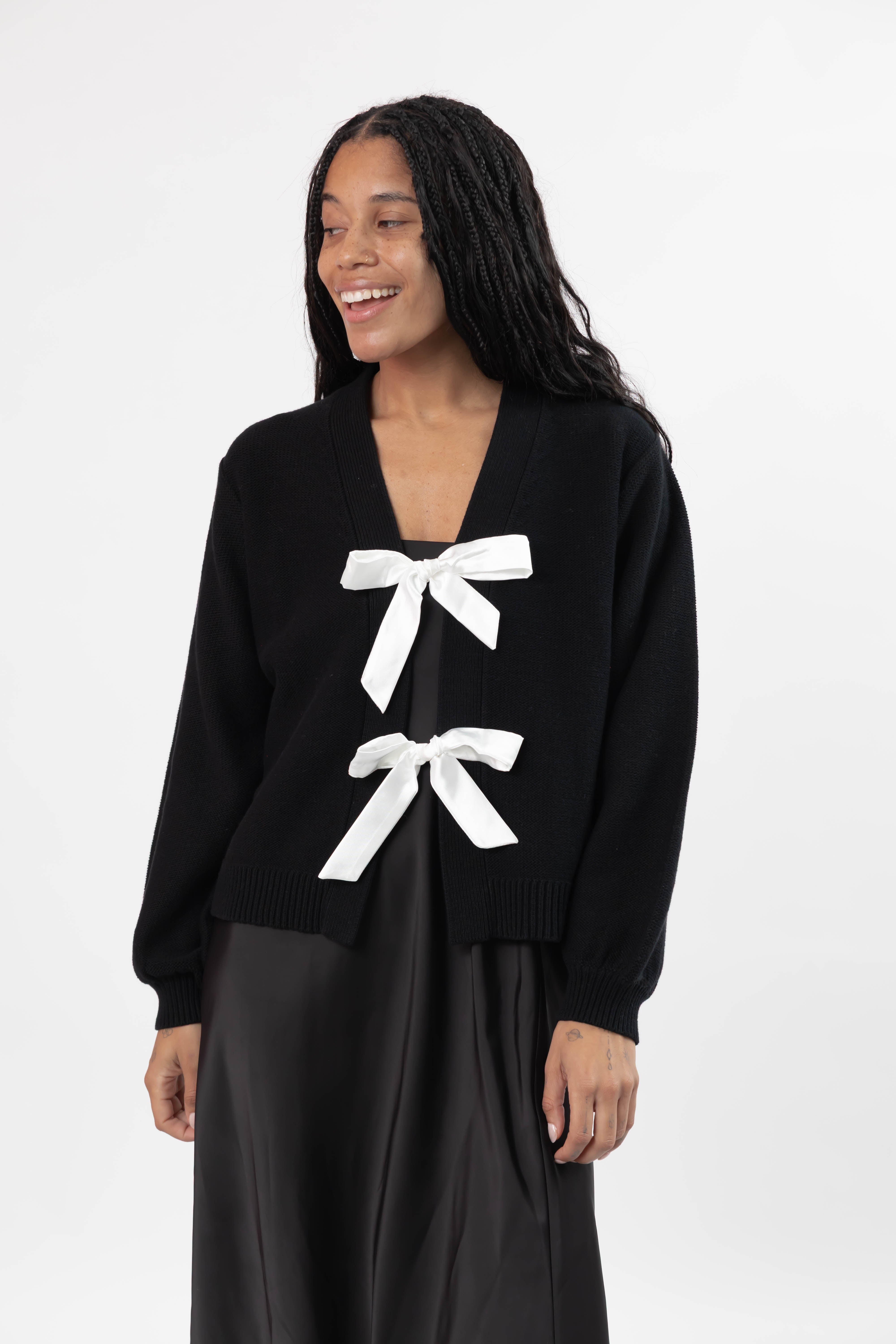 S+T x Fallon Farinacci Satin Bow Cardigan in Black/Cream