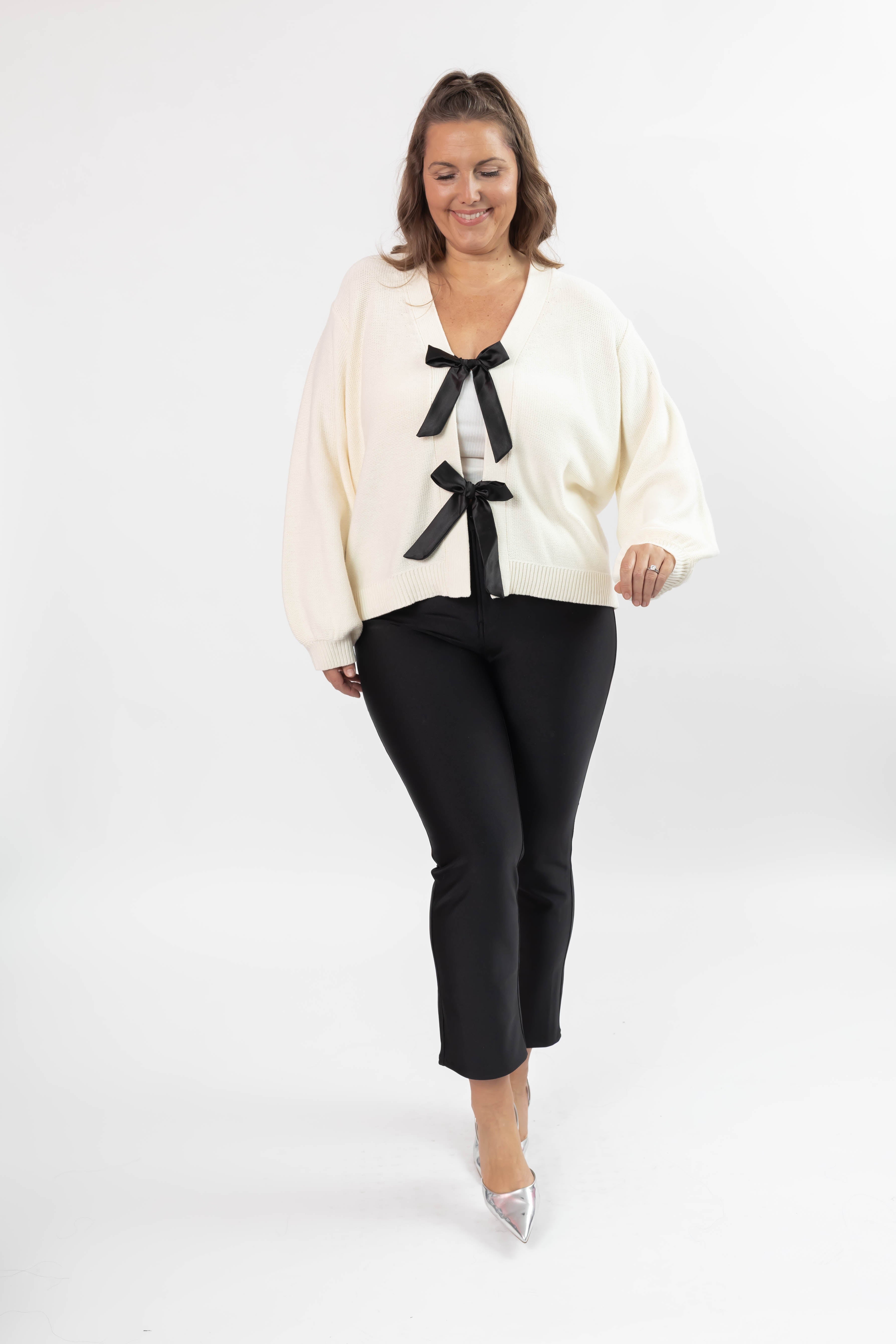 S+T x Fallon Farinacci Satin Bow Cardigan in Cream/Black
