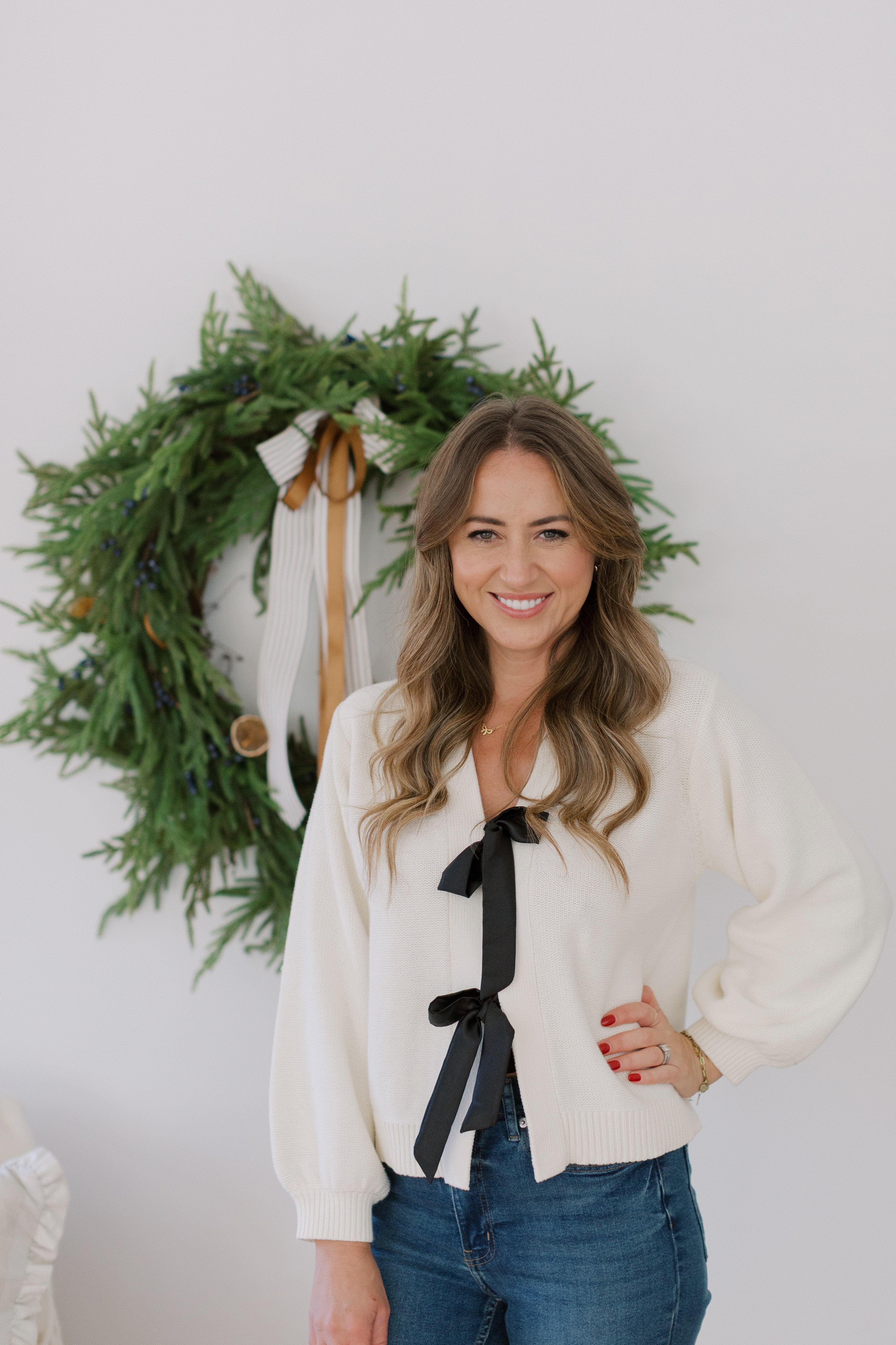 S+T x Fallon Farinacci Satin Bow Cardigan in Cream/Black