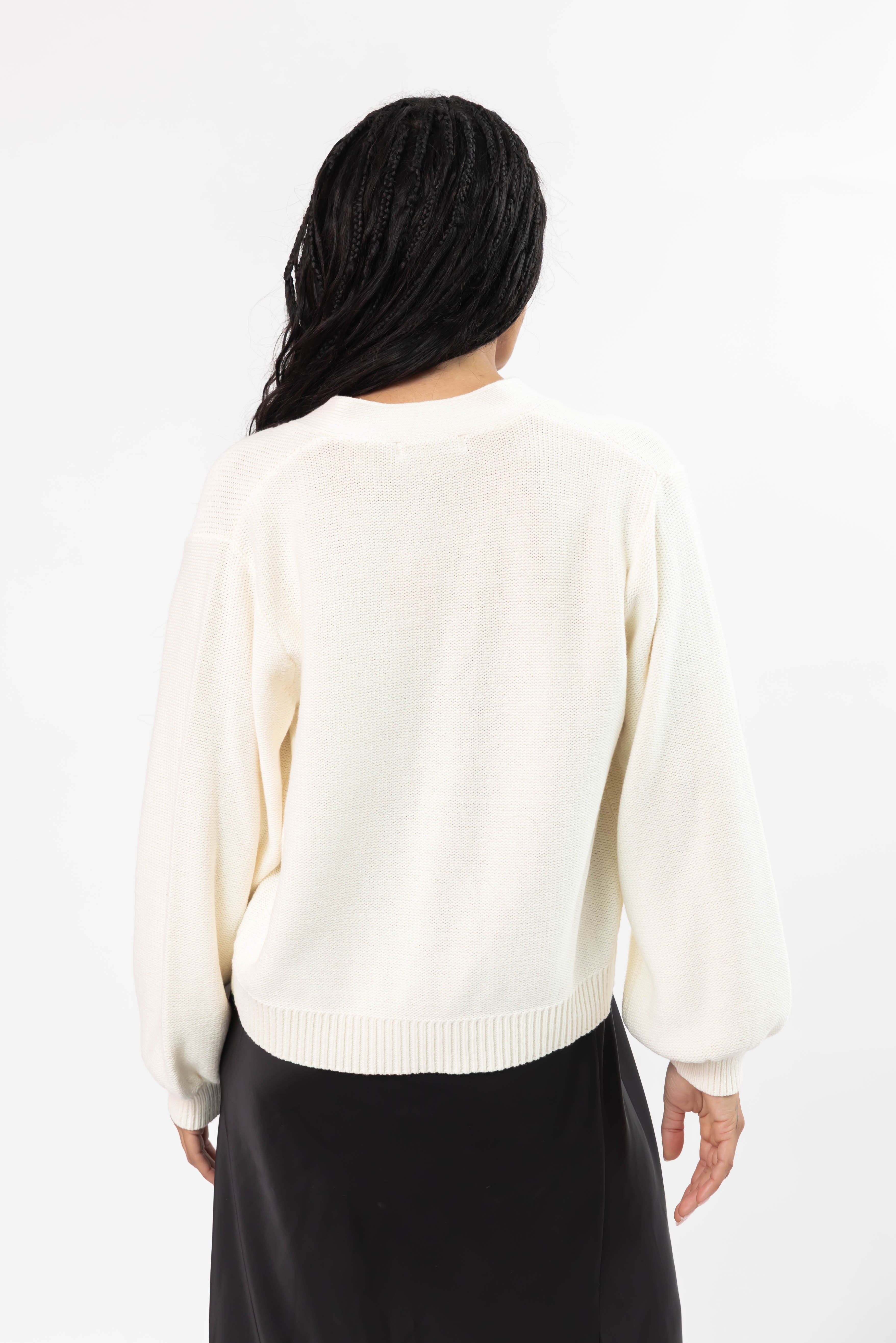 S+T x Fallon Farinacci Satin Bow Cardigan in Cream/Black