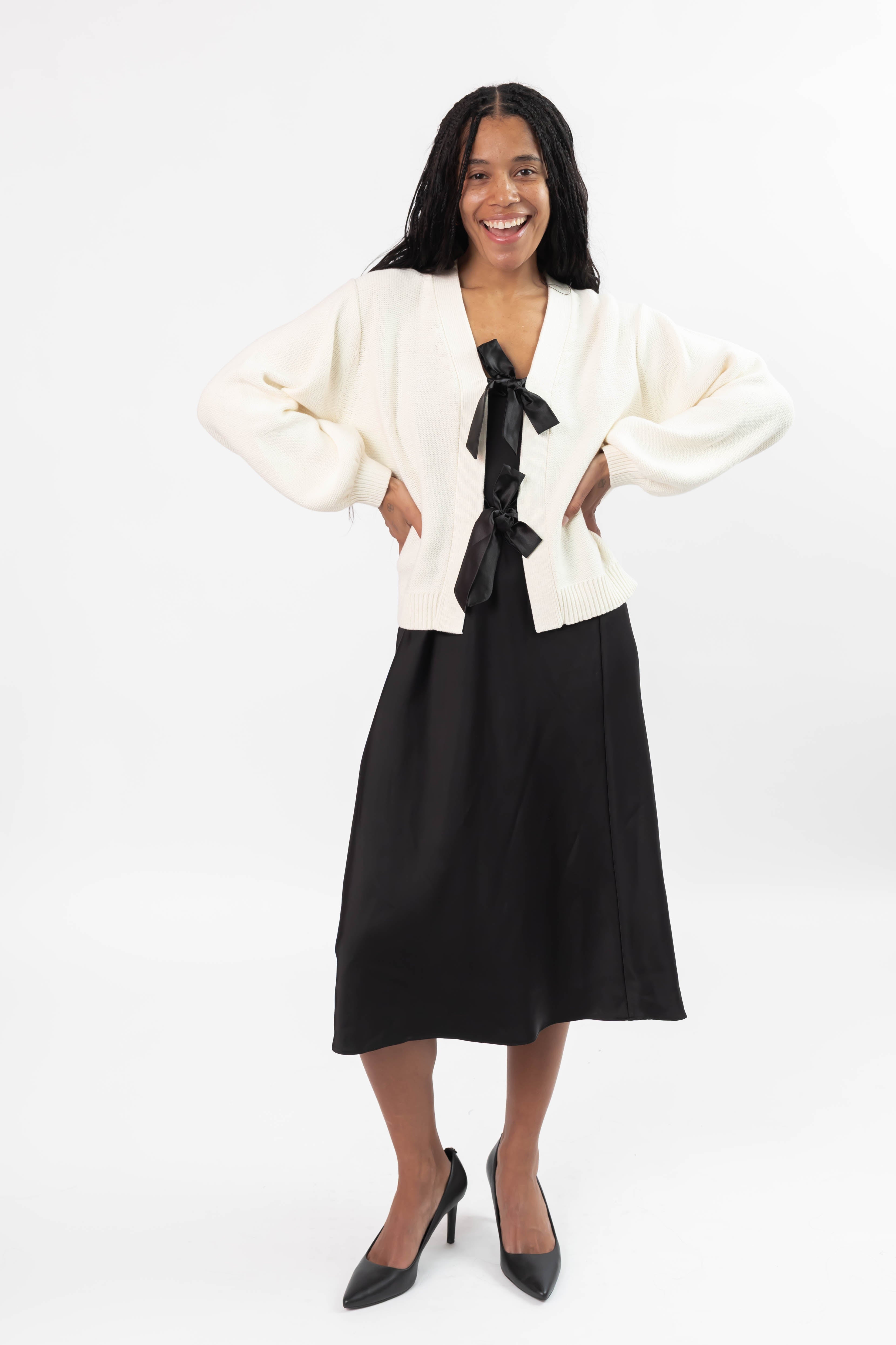 S+T x Fallon Farinacci Satin Bow Cardigan in Cream/Black