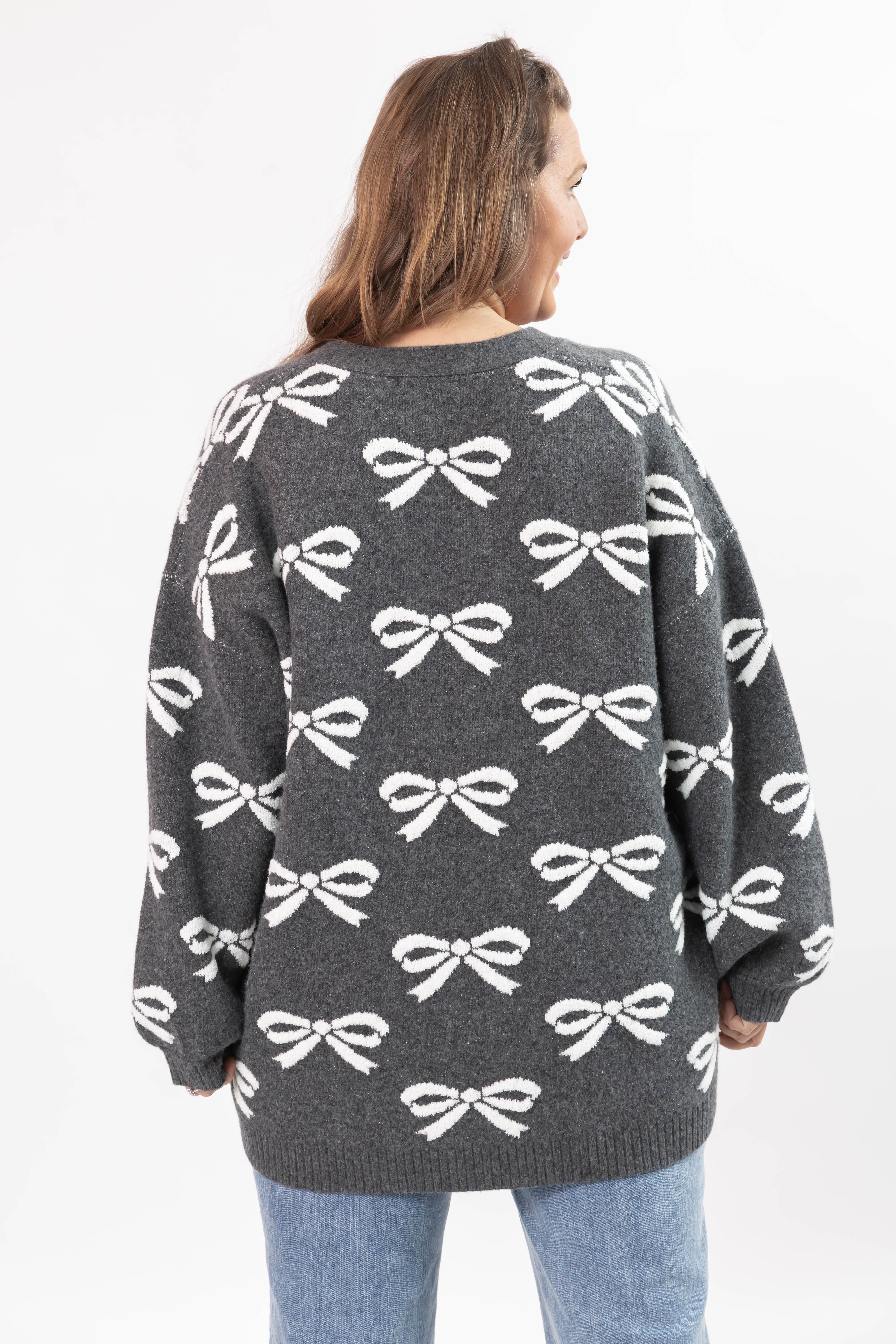 Fuzzy Bow Cardigan in Heather Charcoal/Ivory