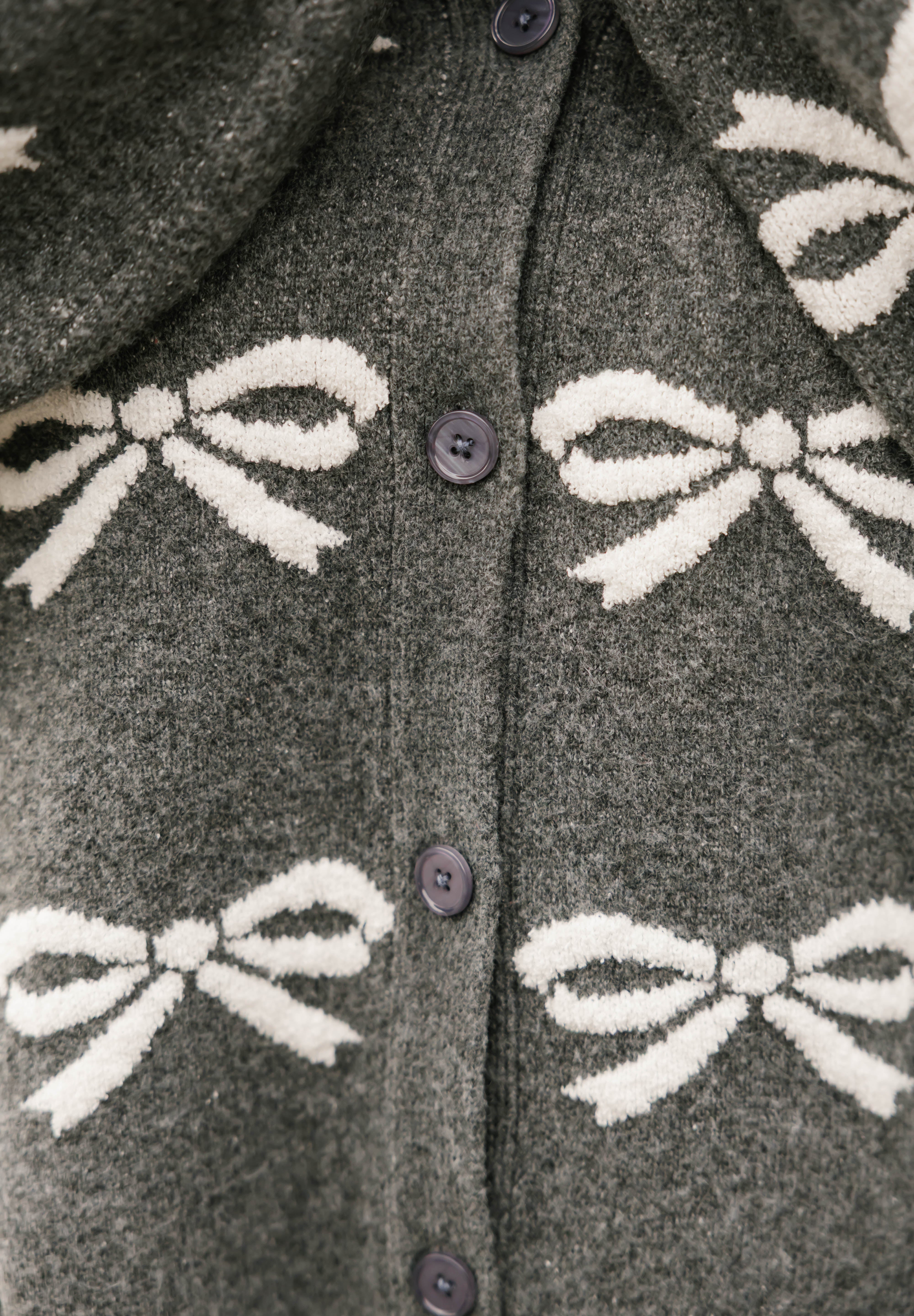 Fuzzy Bow Cardigan in Heather Charcoal/Ivory