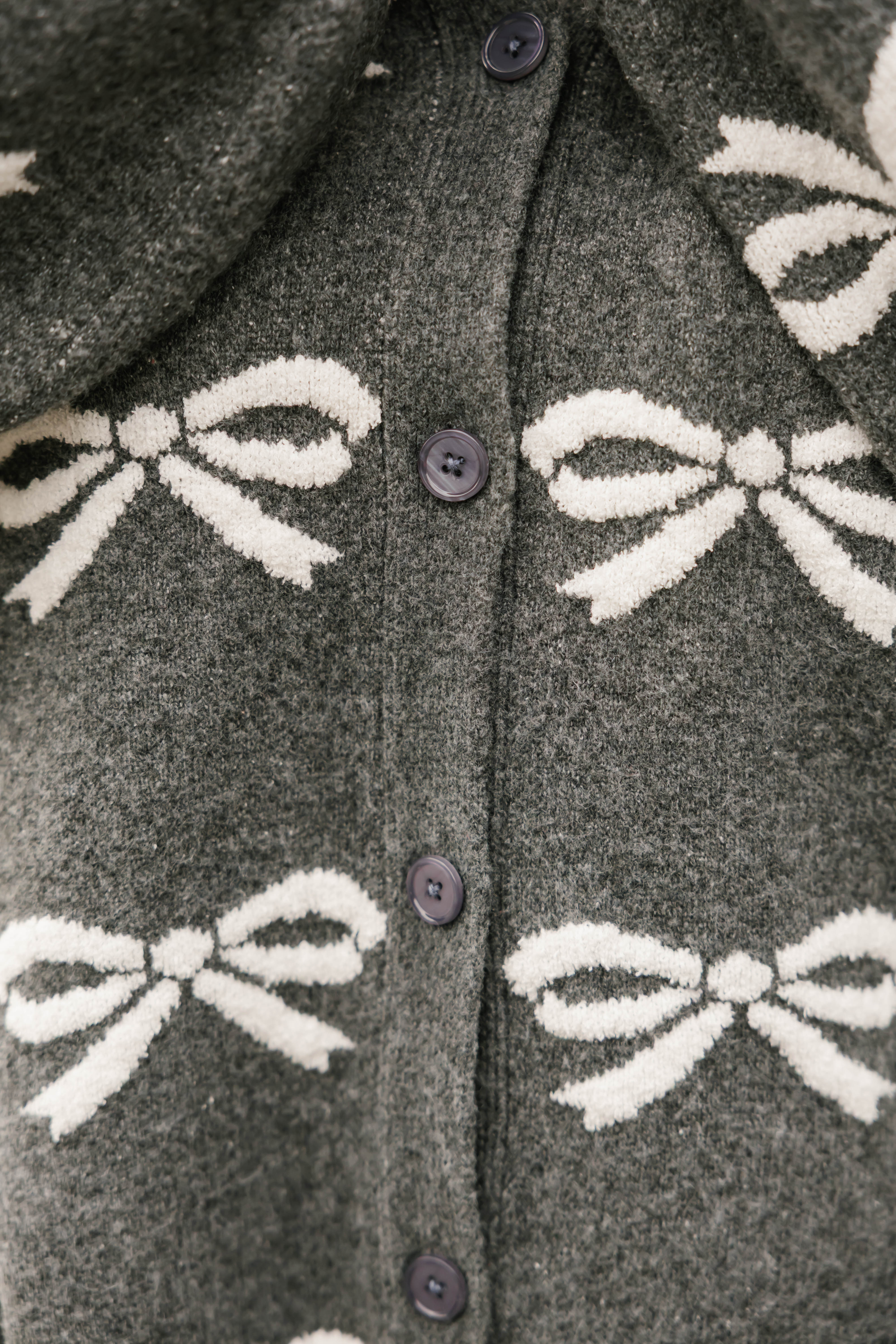 Fuzzy Bow Cardigan in Heather Charcoal/Ivory