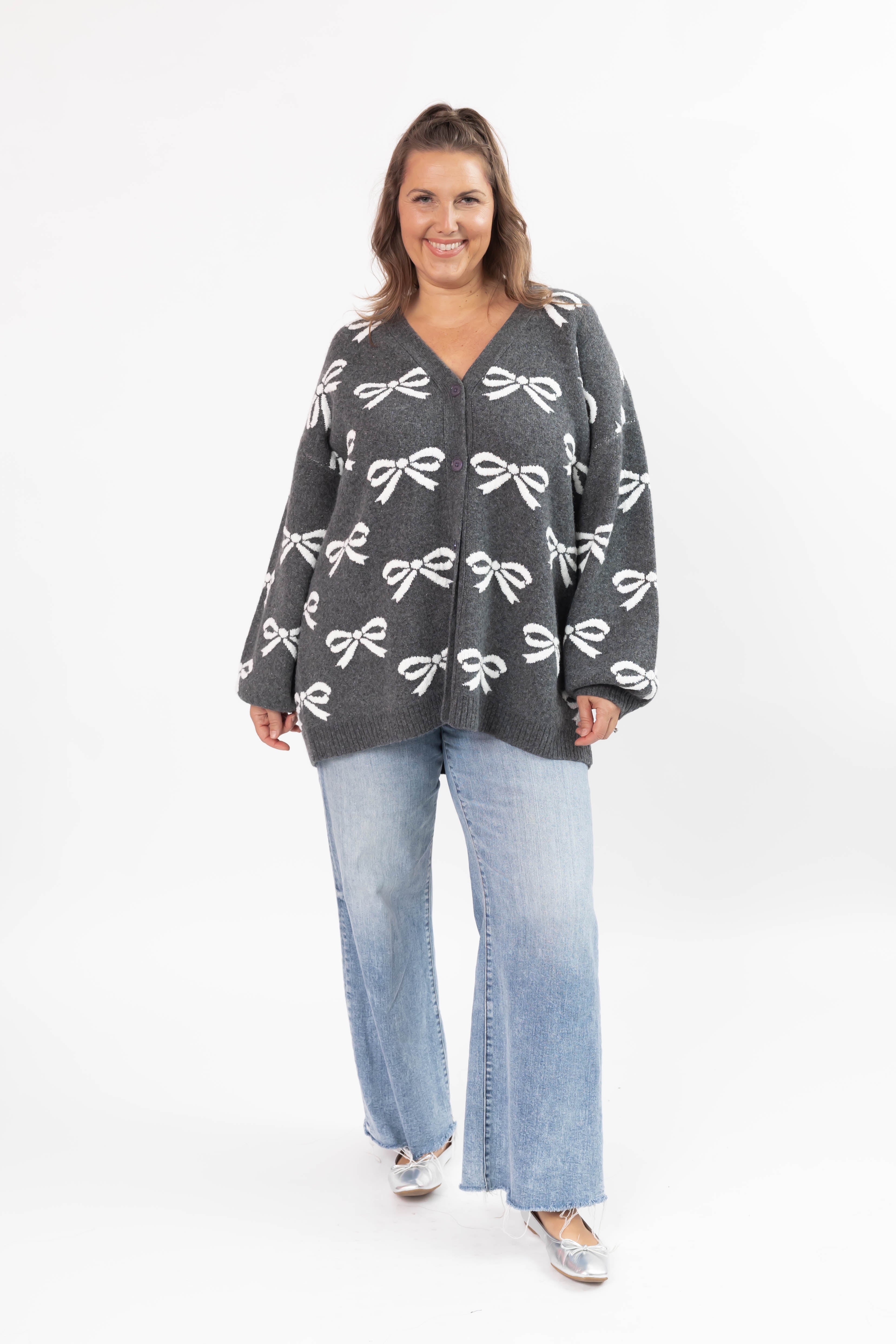 Fuzzy Bow Cardigan in Heather Charcoal/Ivory