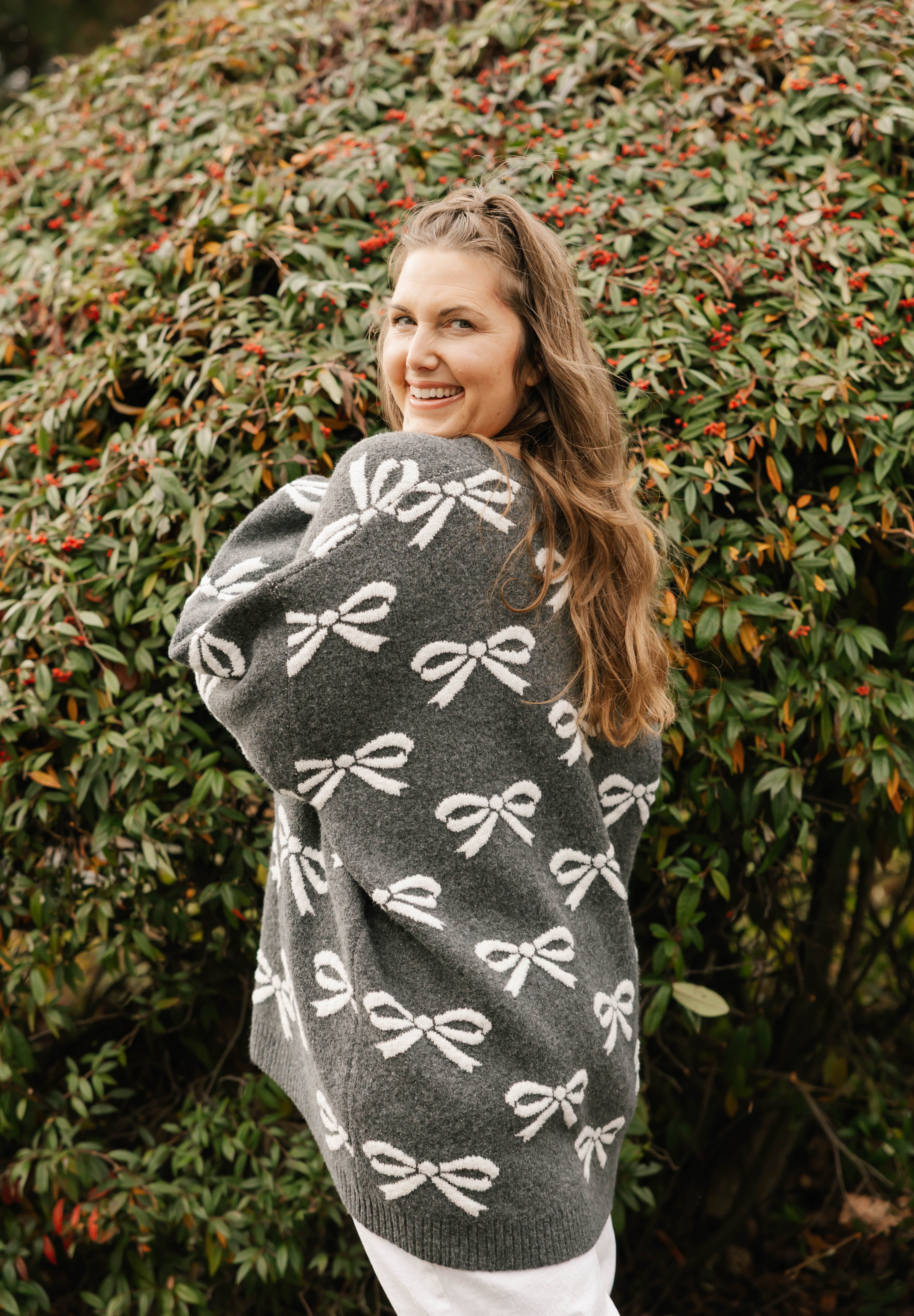 Fuzzy Bow Cardigan in Heather Charcoal/Ivory