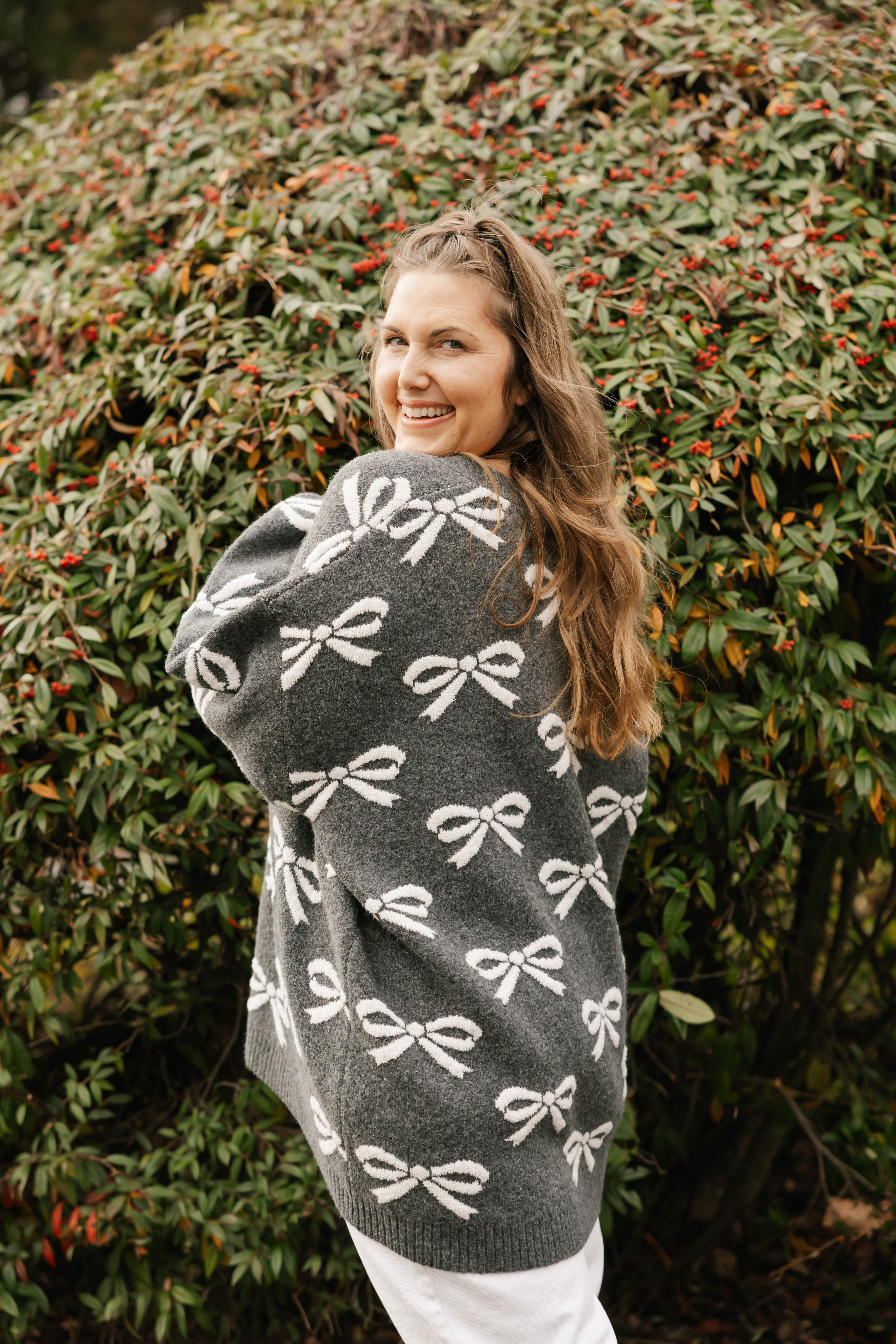 Fuzzy Bow Cardigan in Heather Charcoal/Ivory