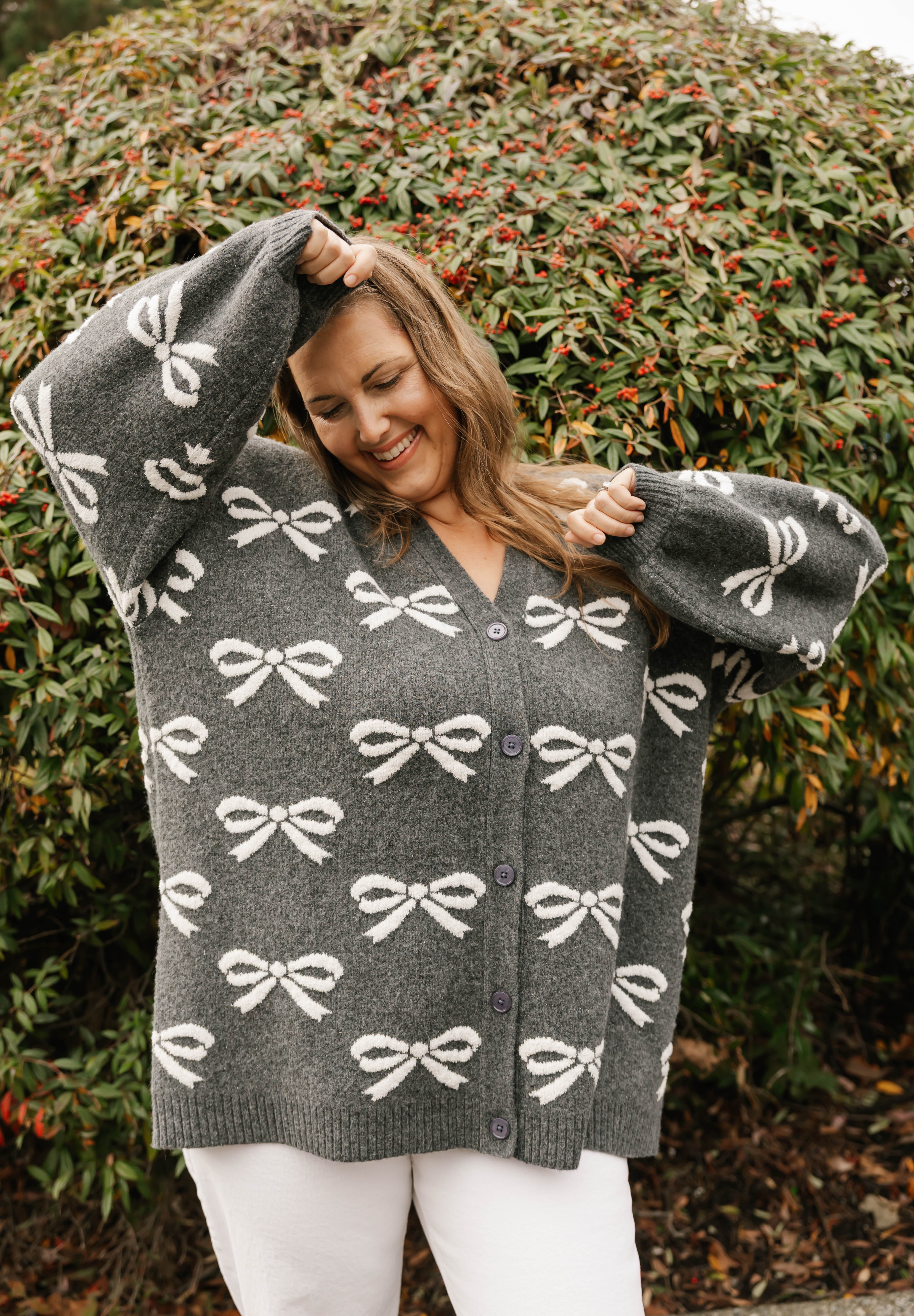 Fuzzy Bow Cardigan in Heather Charcoal/Ivory