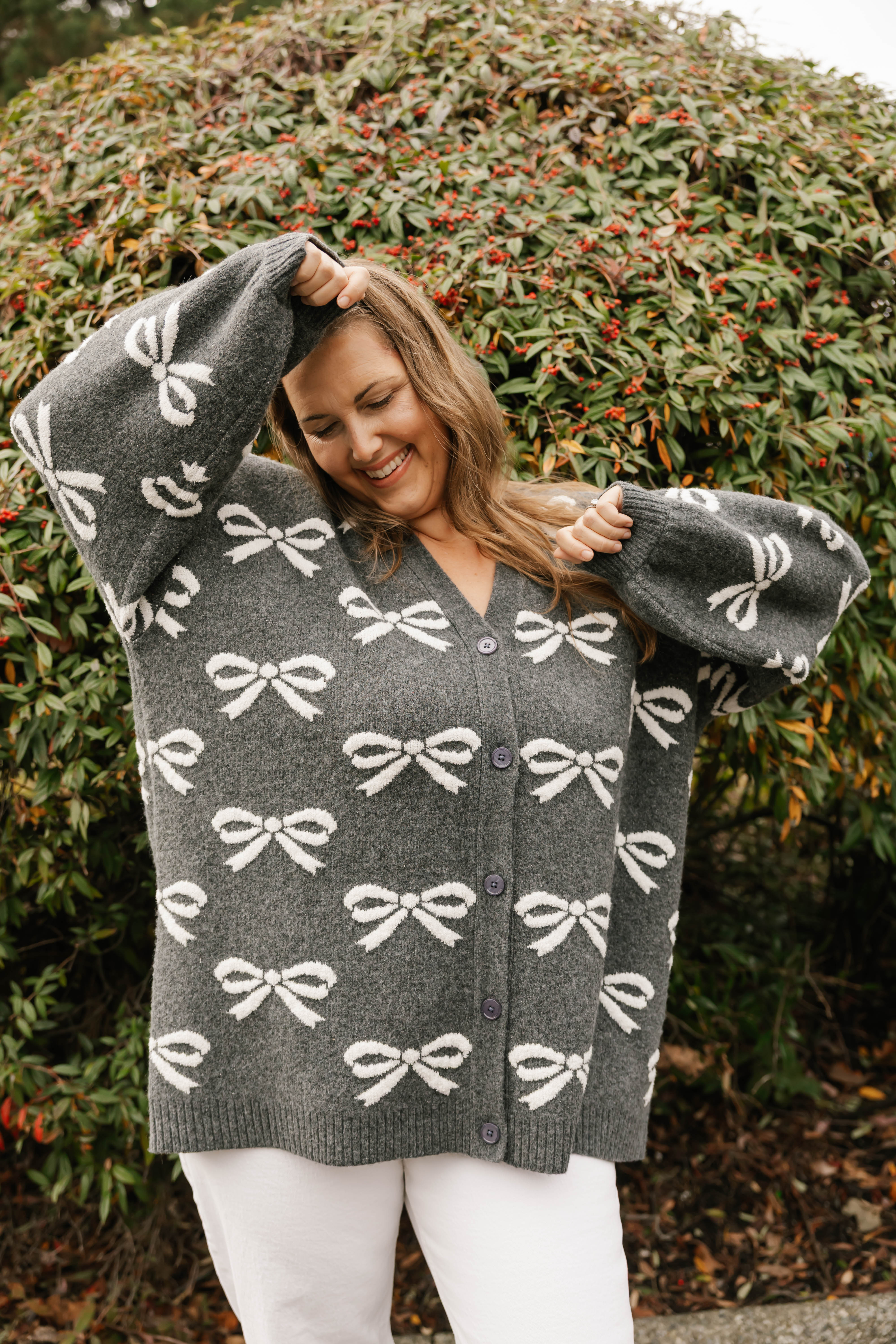 Fuzzy Bow Cardigan in Heather Charcoal/Ivory