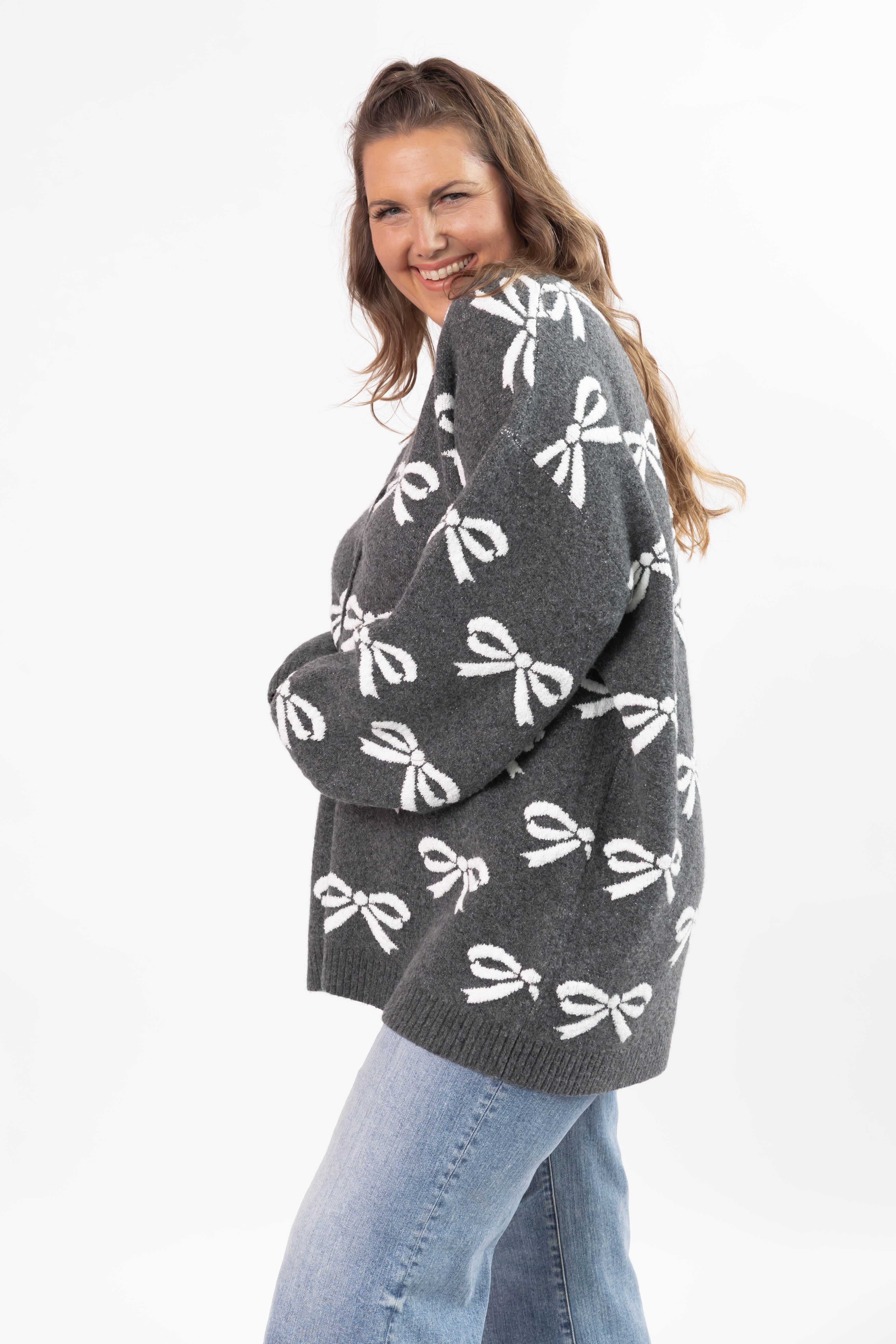 Fuzzy Bow Cardigan in Heather Charcoal/Ivory
