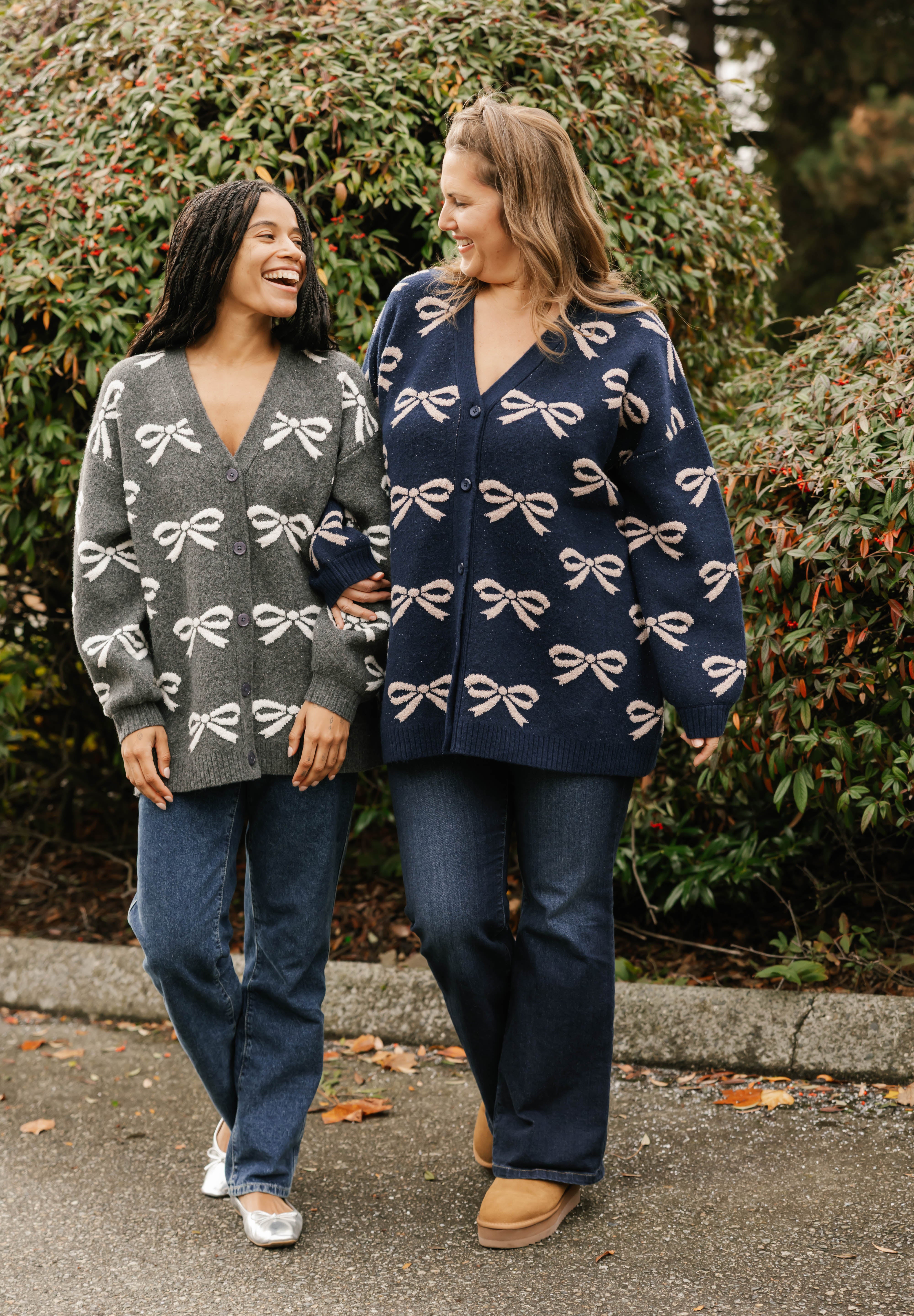 Fuzzy Bow Cardigan in Heather Charcoal/Ivory