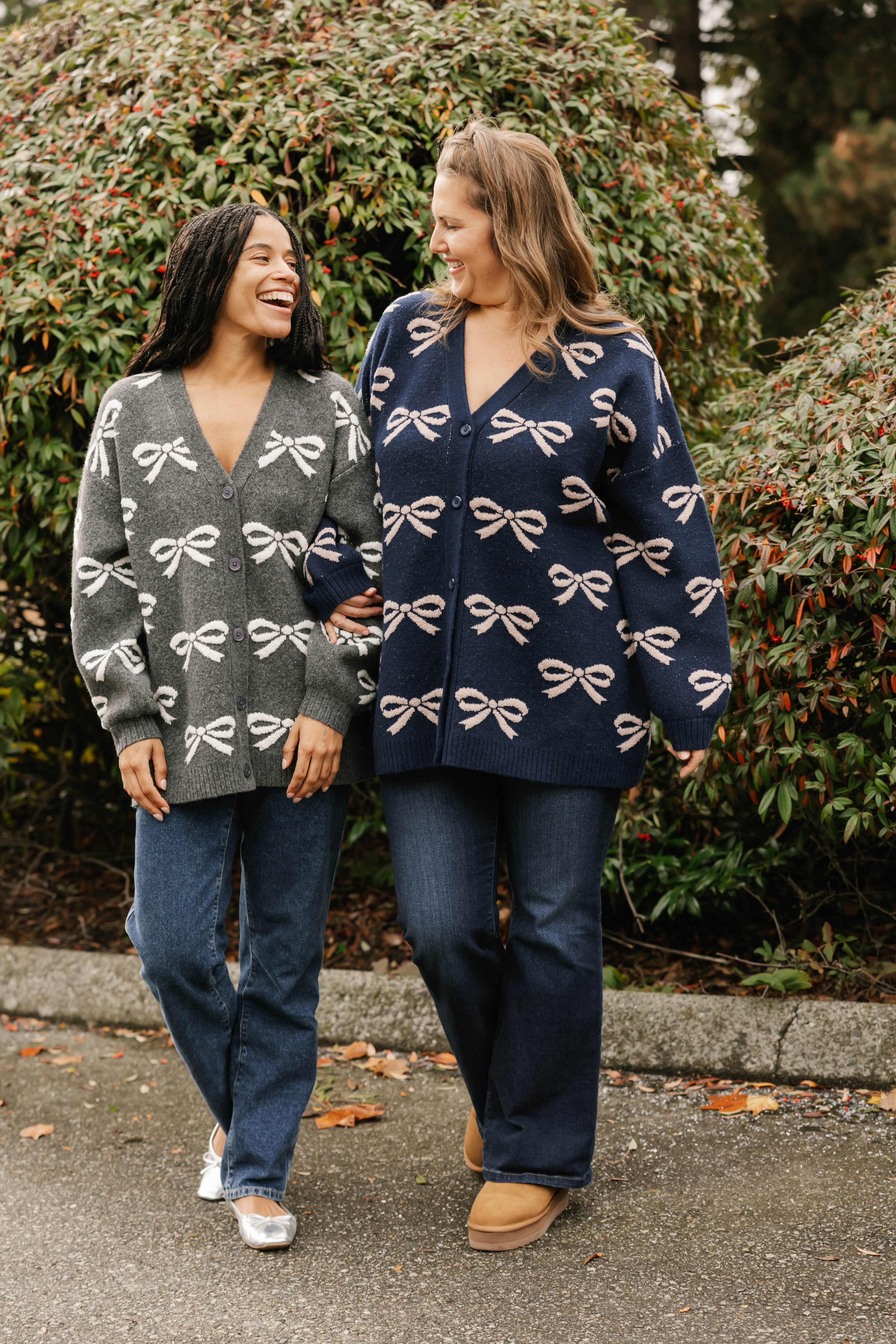 Fuzzy Bow Cardigan in Heather Charcoal/Ivory