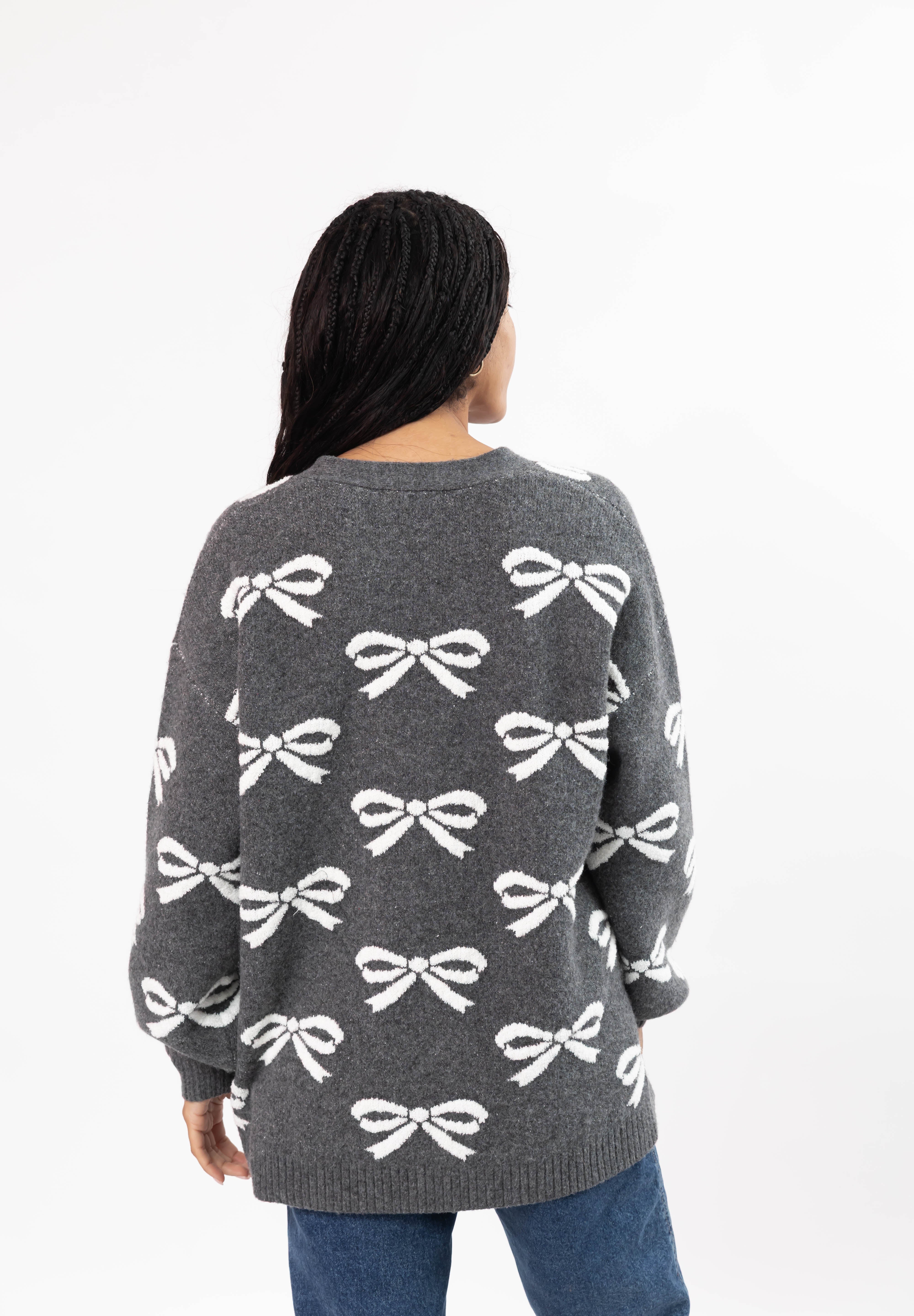 Fuzzy Bow Cardigan in Heather Charcoal/Ivory