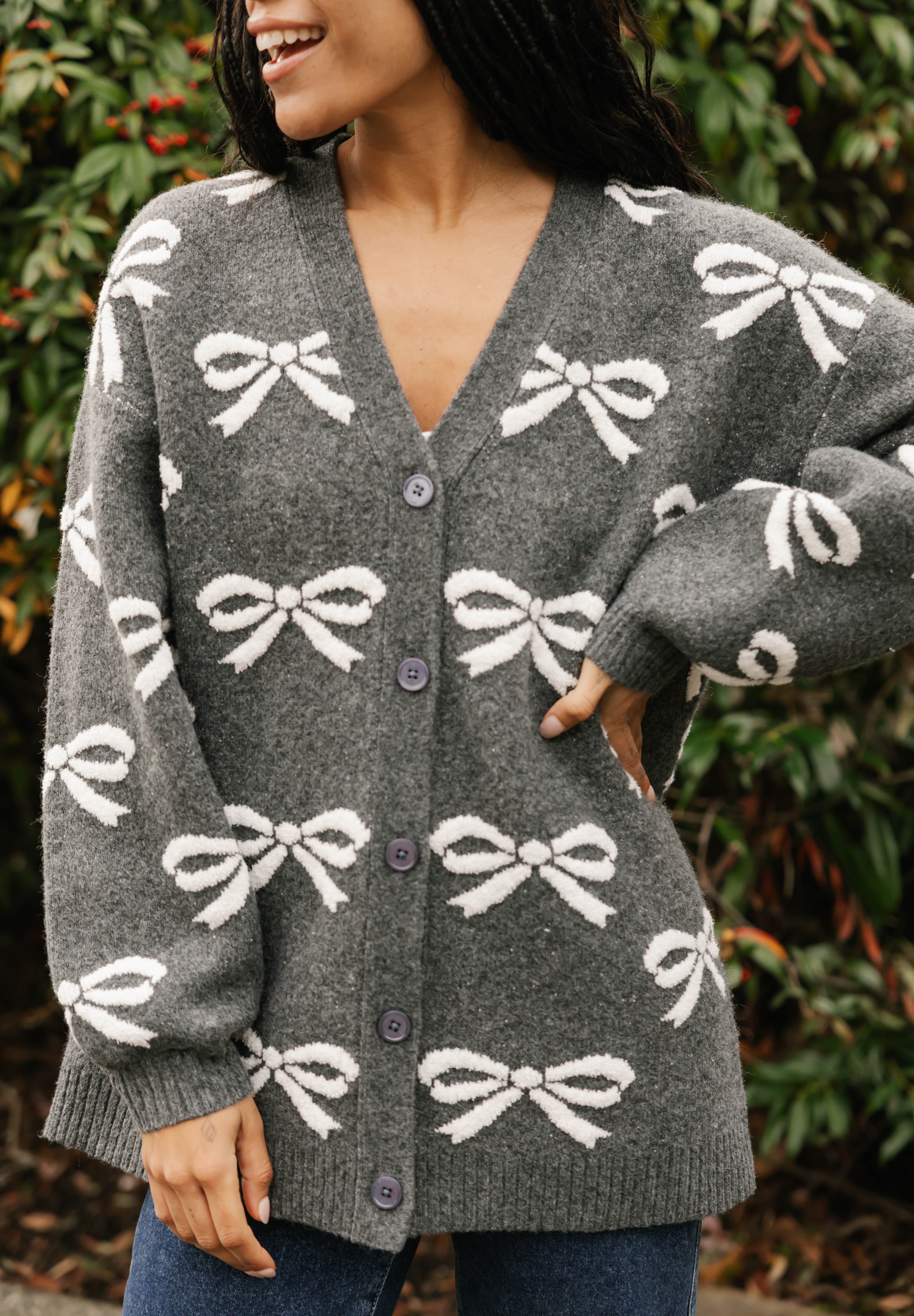 Fuzzy Bow Cardigan in Heather Charcoal/Ivory