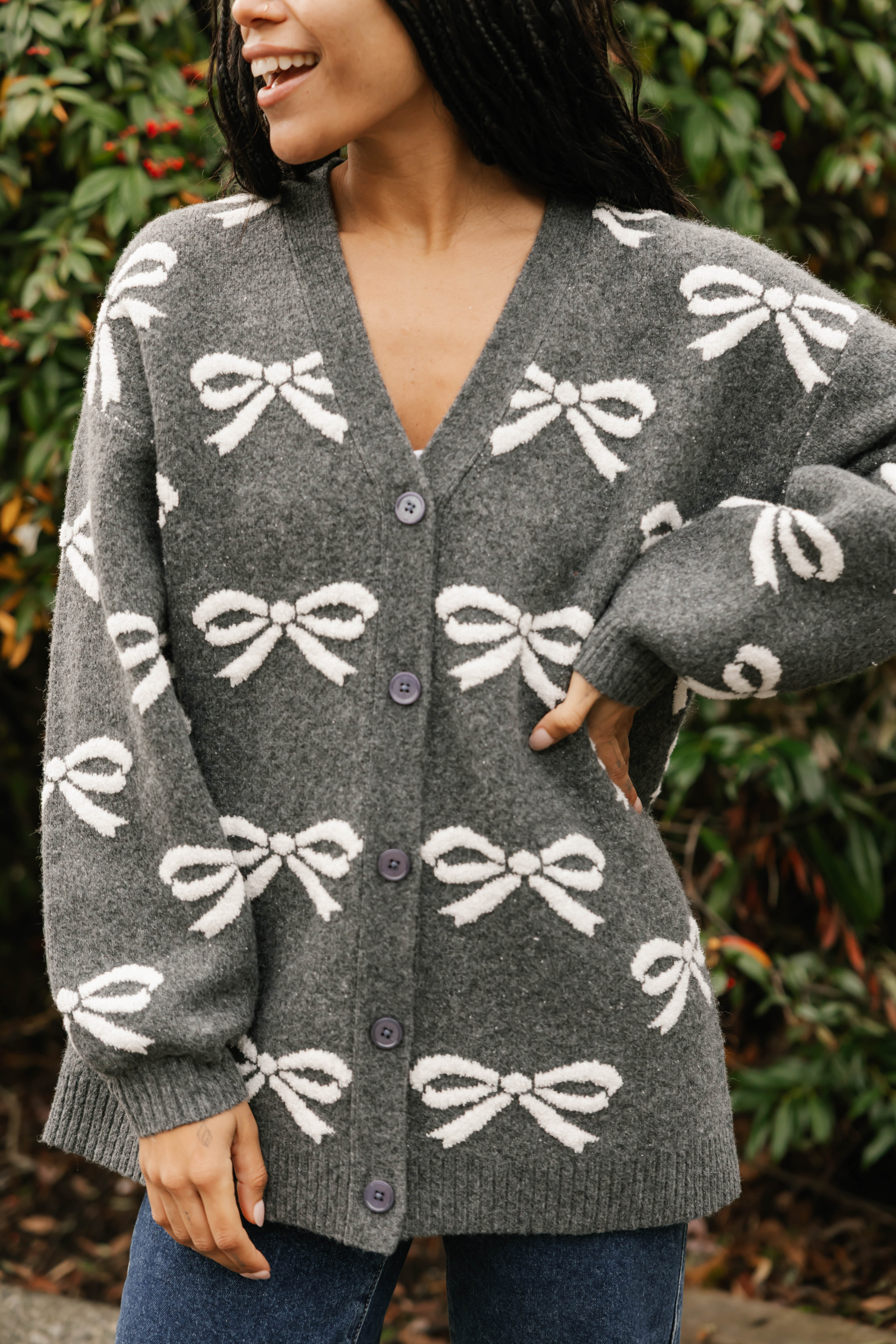 Fuzzy Bow Cardigan in Heather Charcoal/Ivory