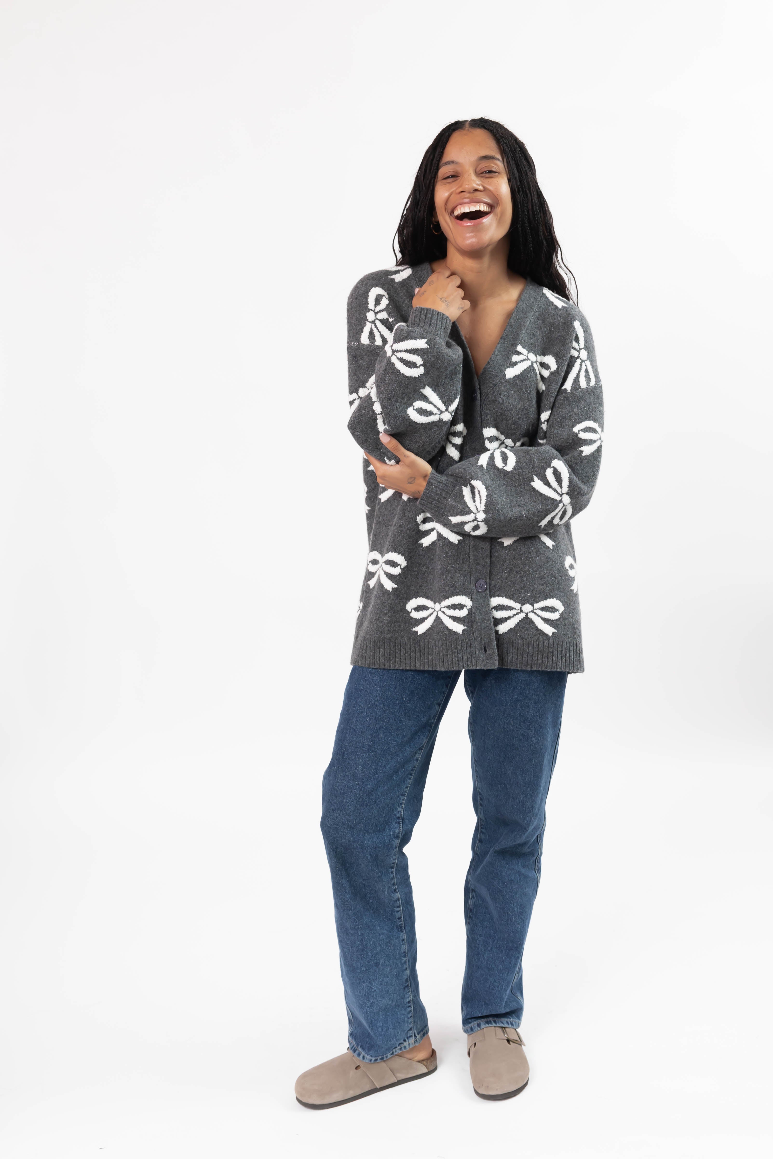 Fuzzy Bow Cardigan in Heather Charcoal/Ivory