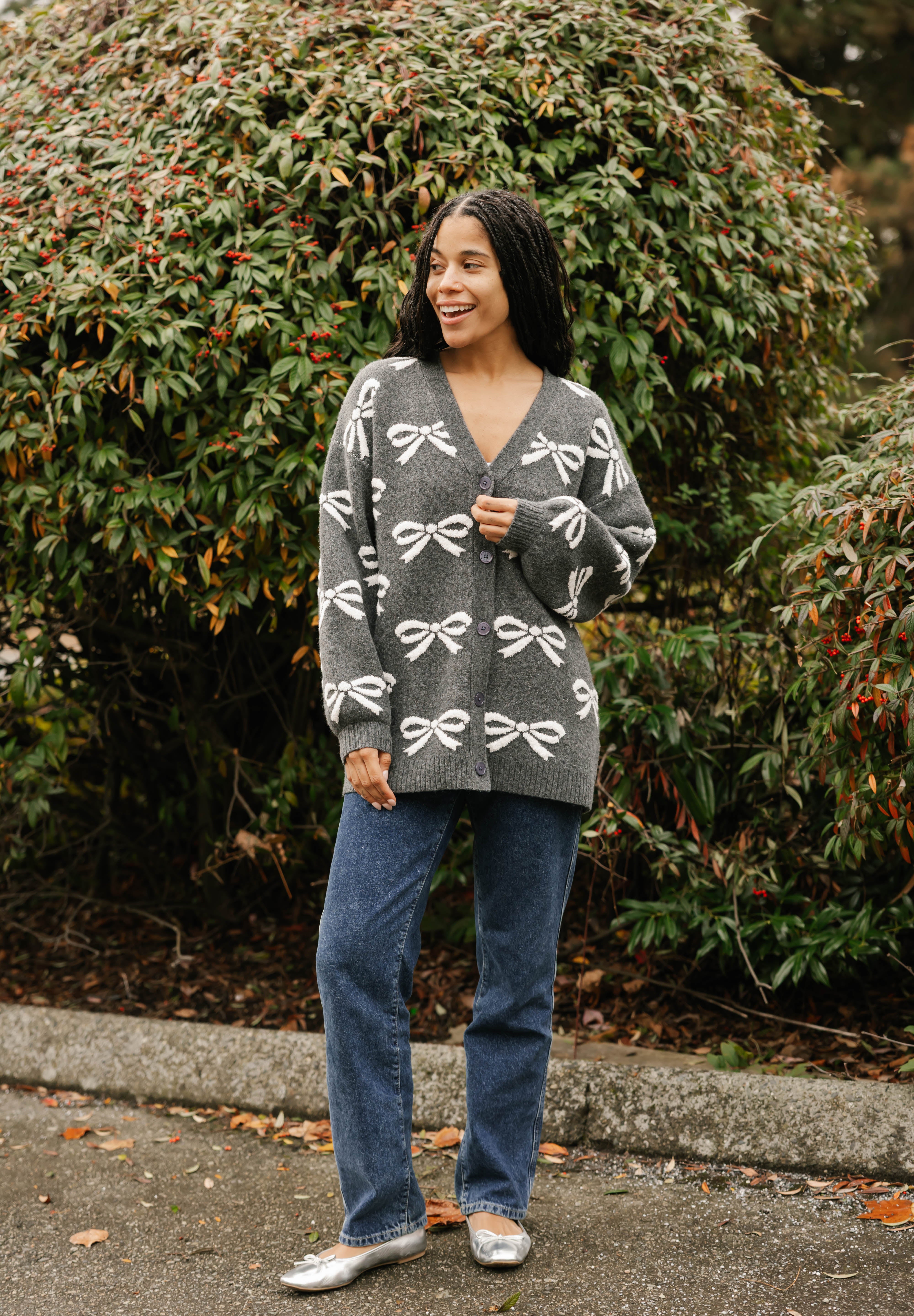 Fuzzy Bow Cardigan in Heather Charcoal/Ivory