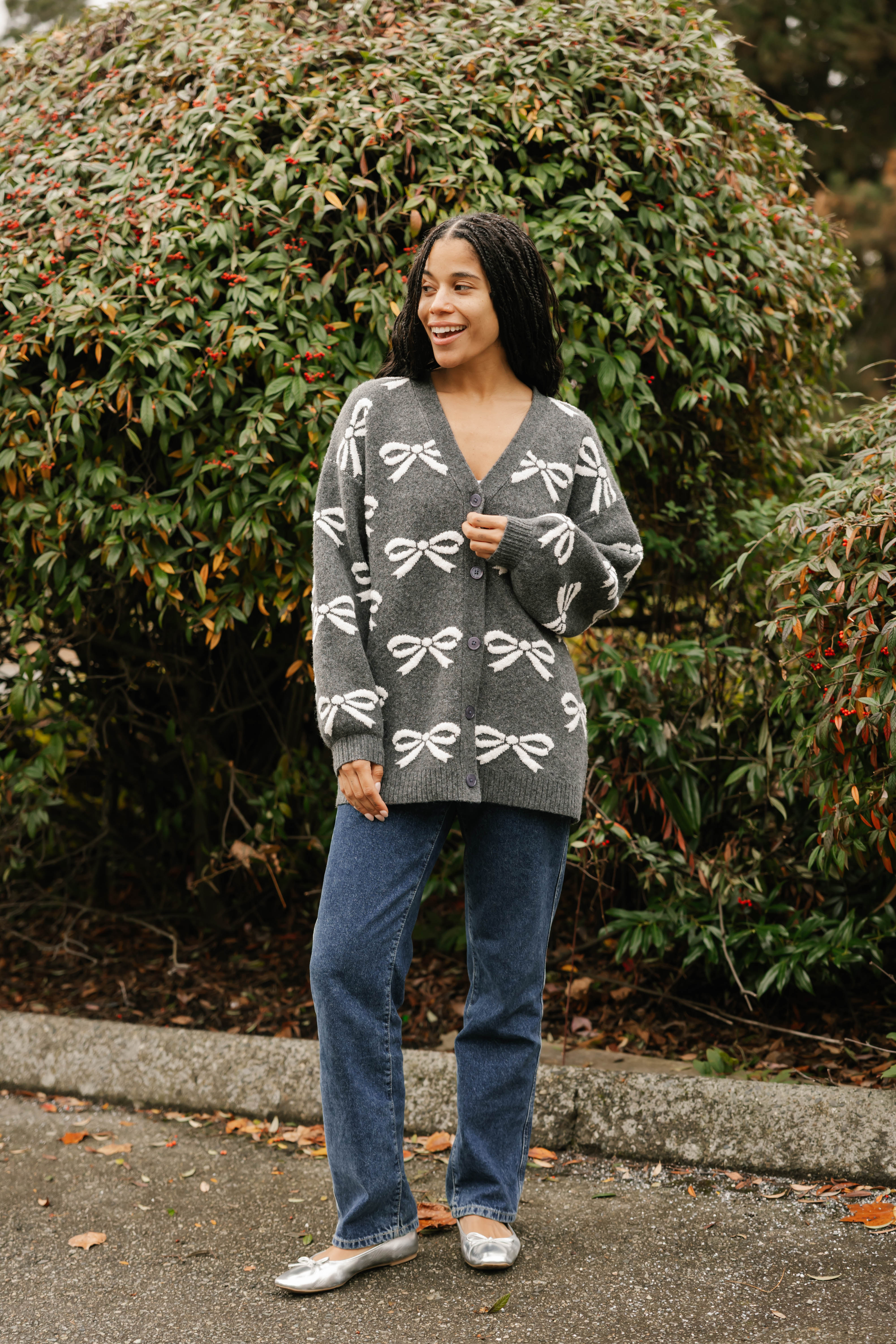 Fuzzy Bow Cardigan in Heather Charcoal/Ivory