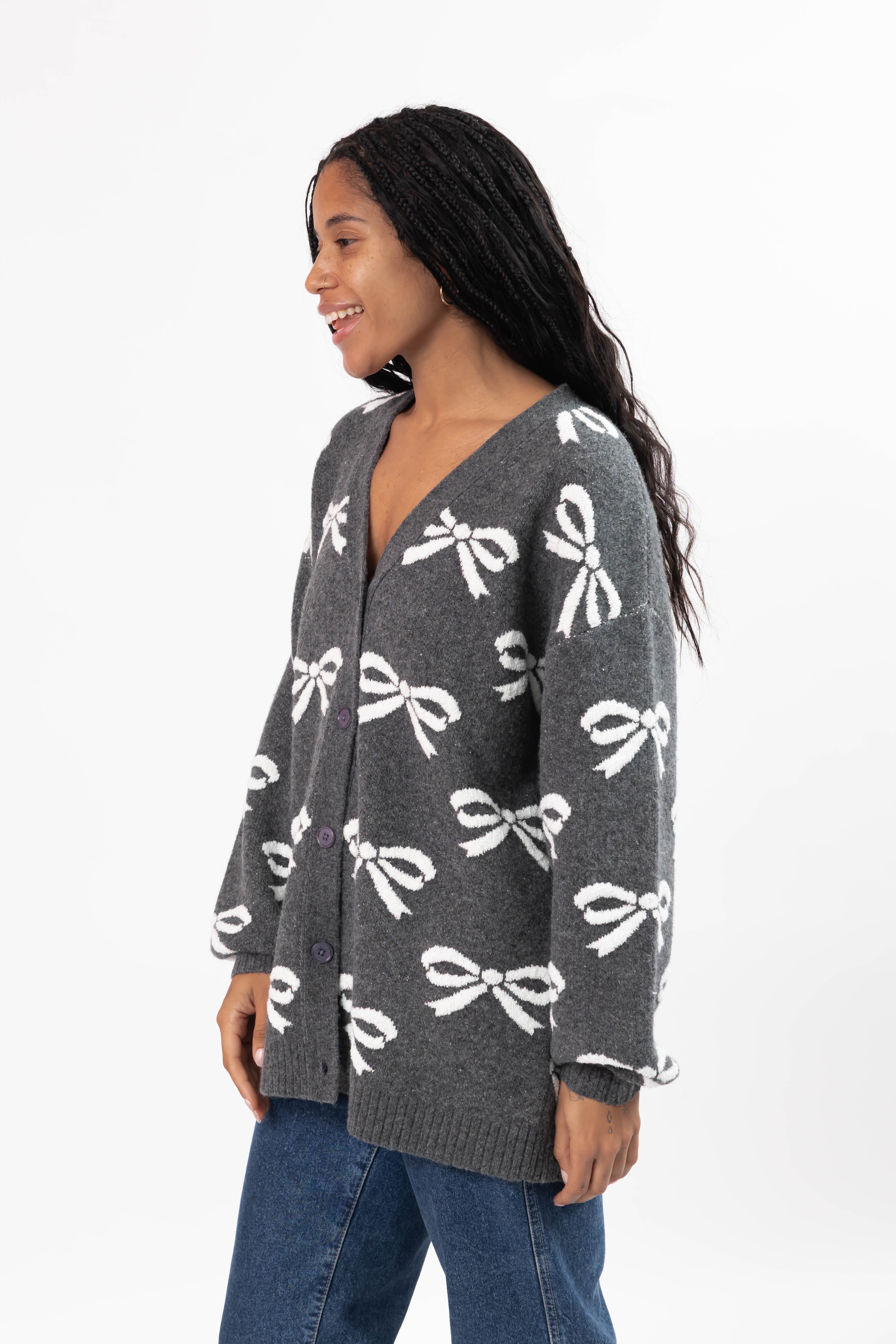 Fuzzy Bow Cardigan in Heather Charcoal/Ivory