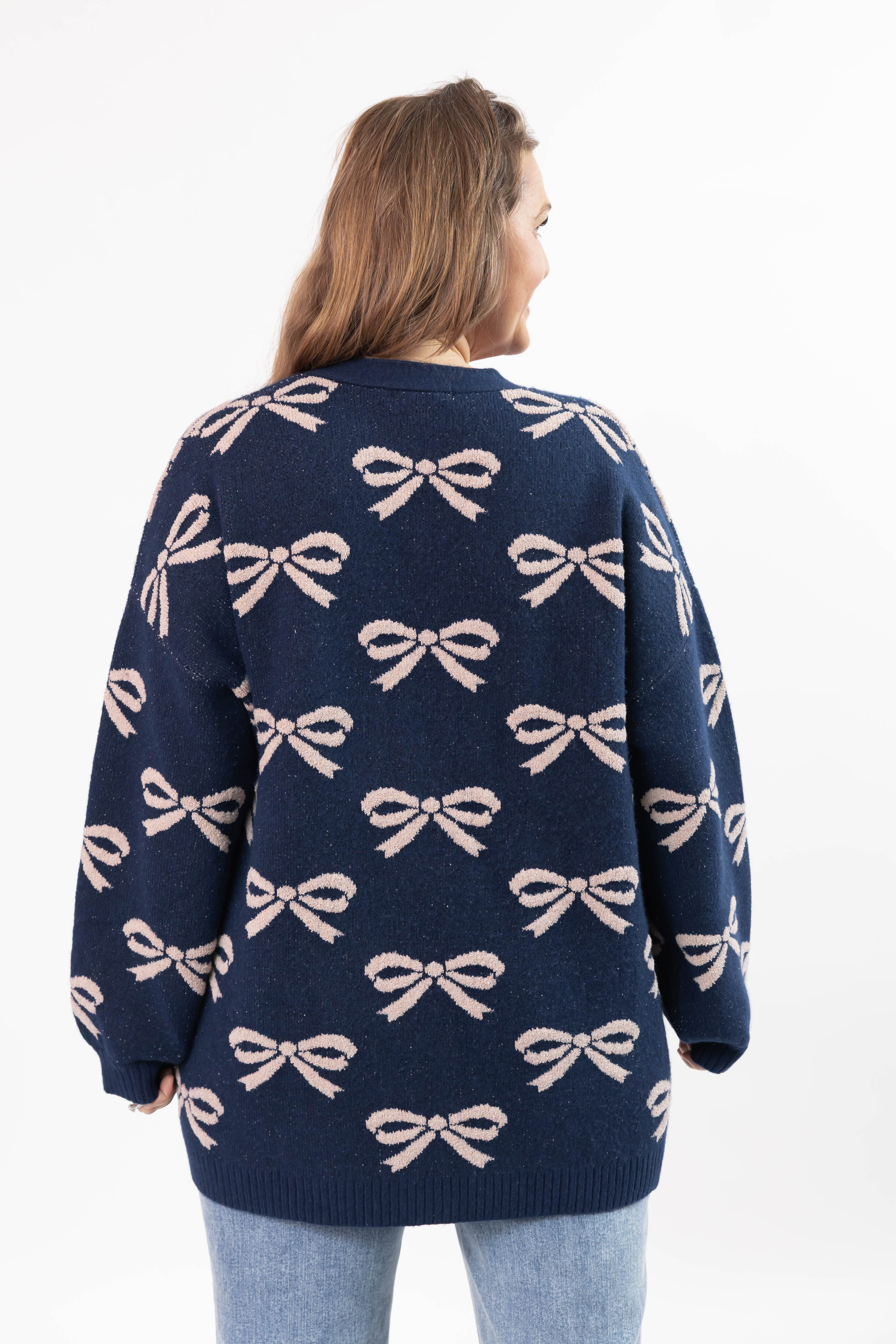 Fuzzy Bow Cardigan in Navy/Taupe