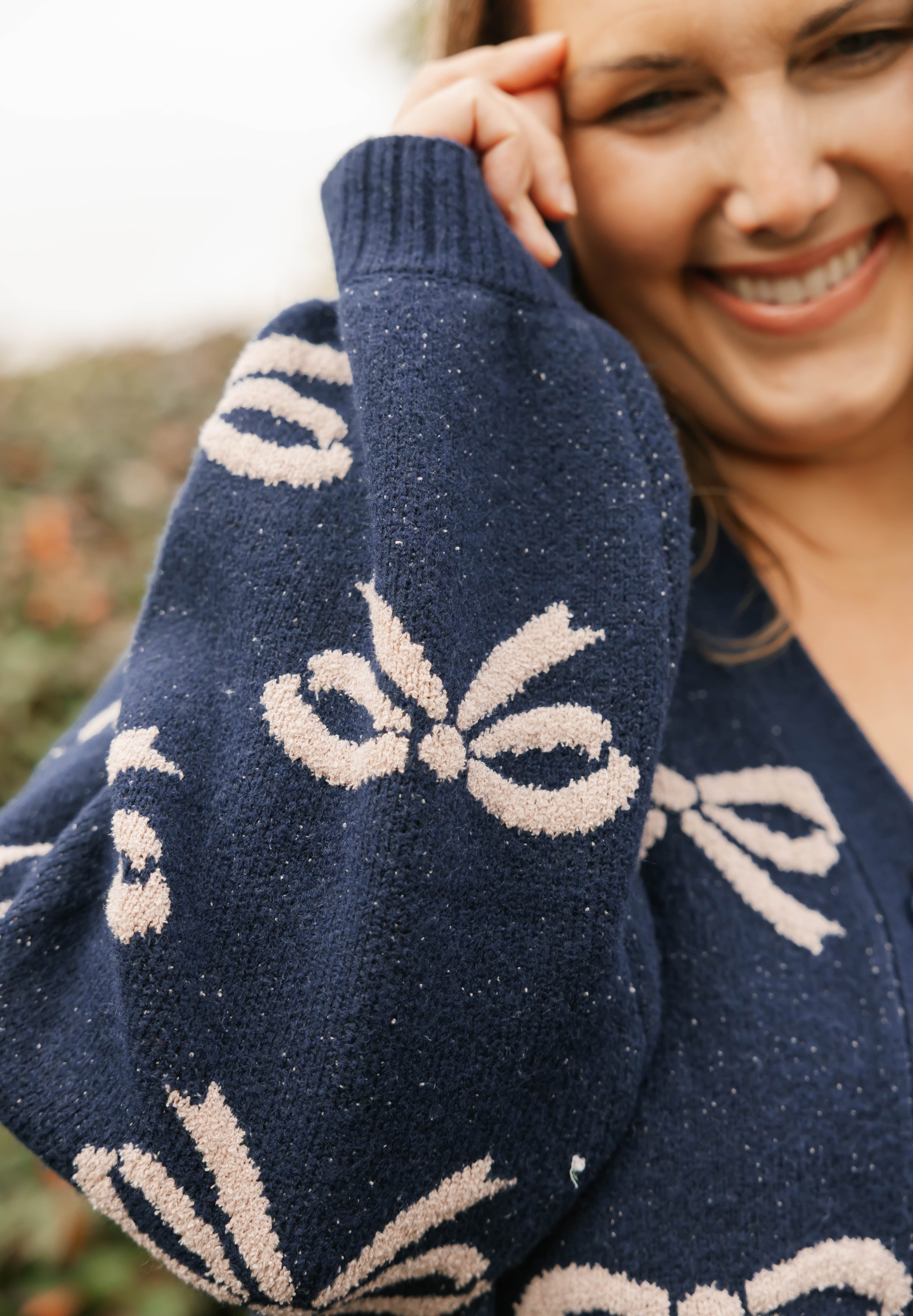 Fuzzy Bow Cardigan in Navy/Taupe