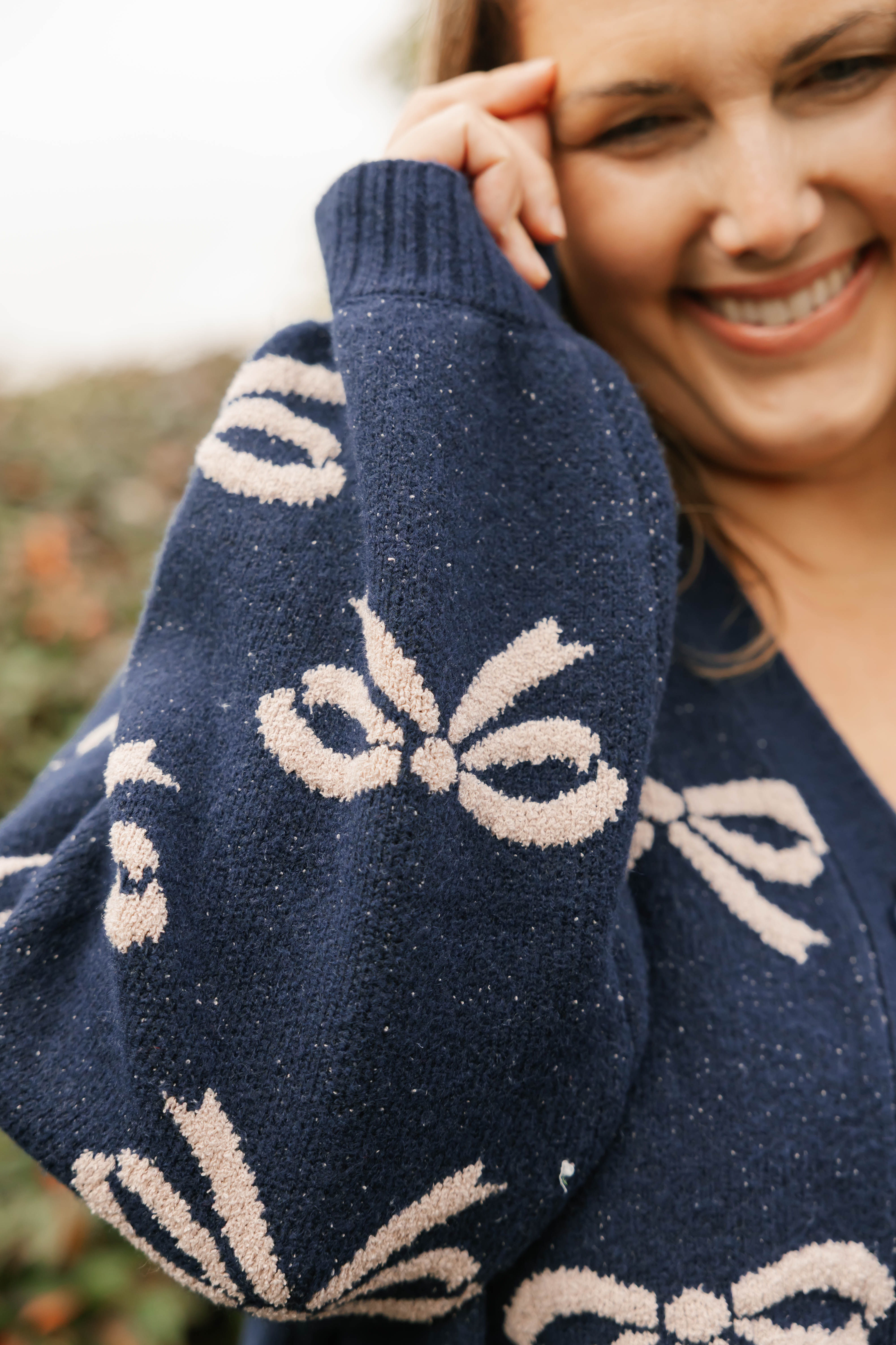 Fuzzy Bow Cardigan in Navy/Taupe