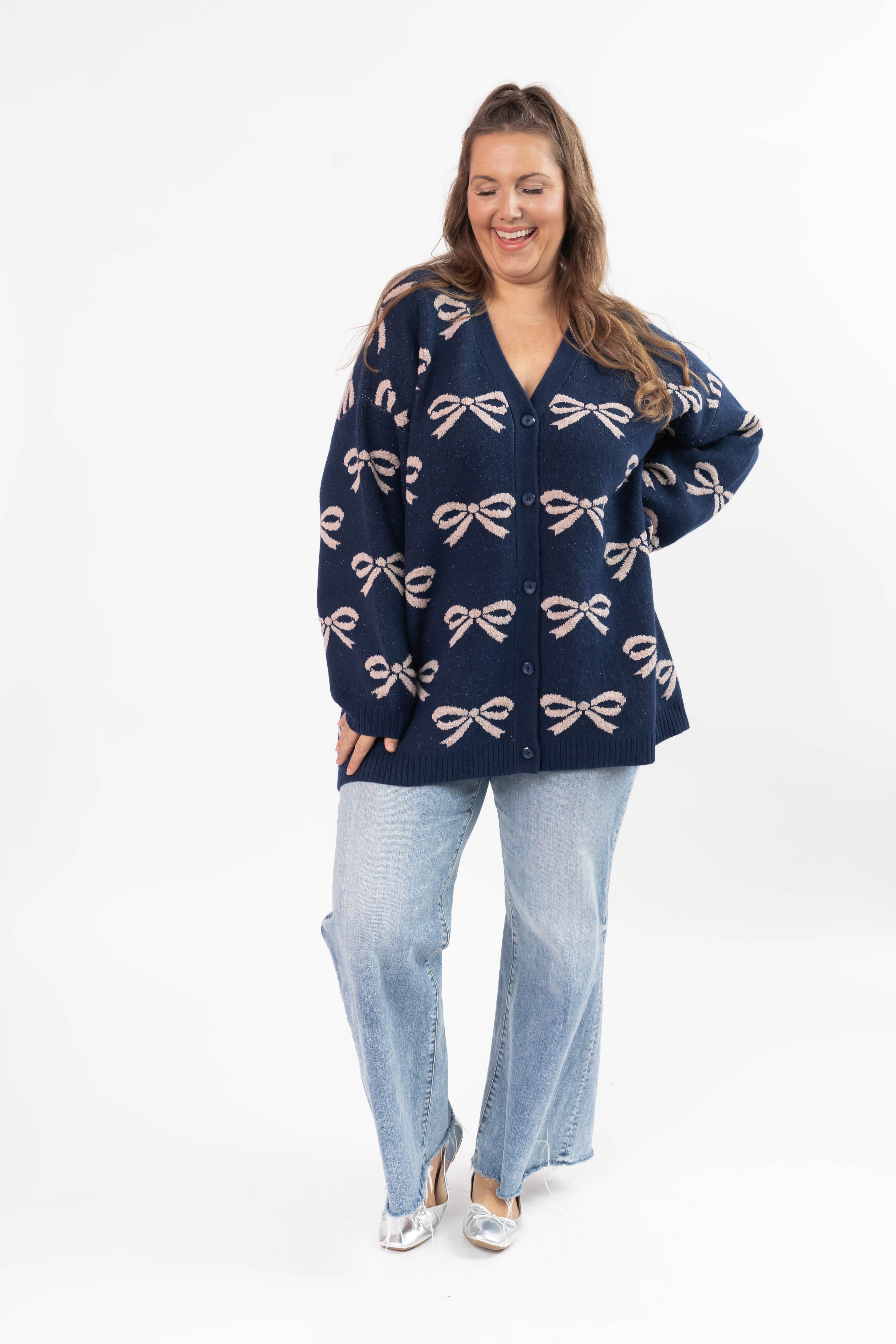 Fuzzy Bow Cardigan in Navy/Taupe