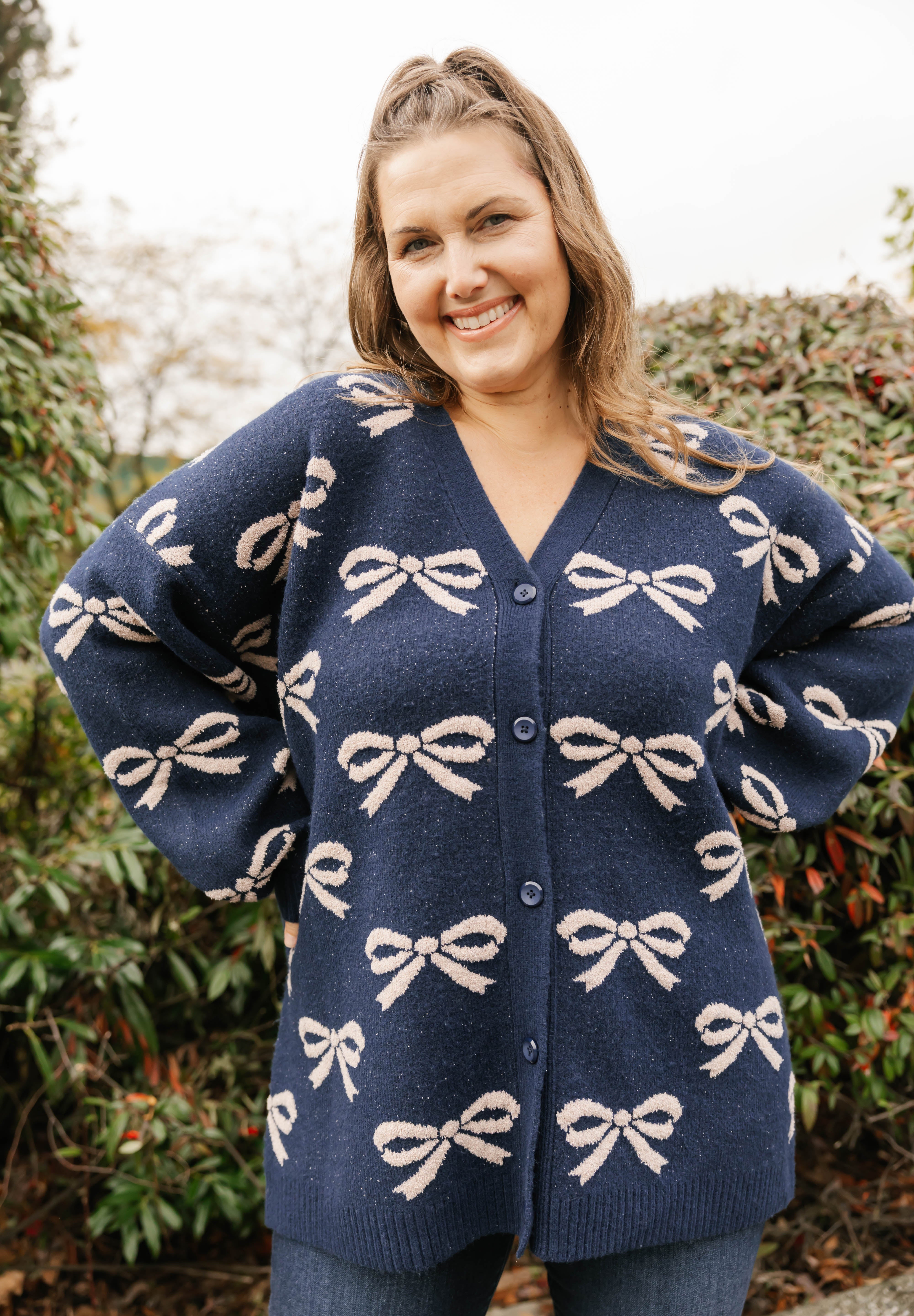 Fuzzy Bow Cardigan in Navy/Taupe