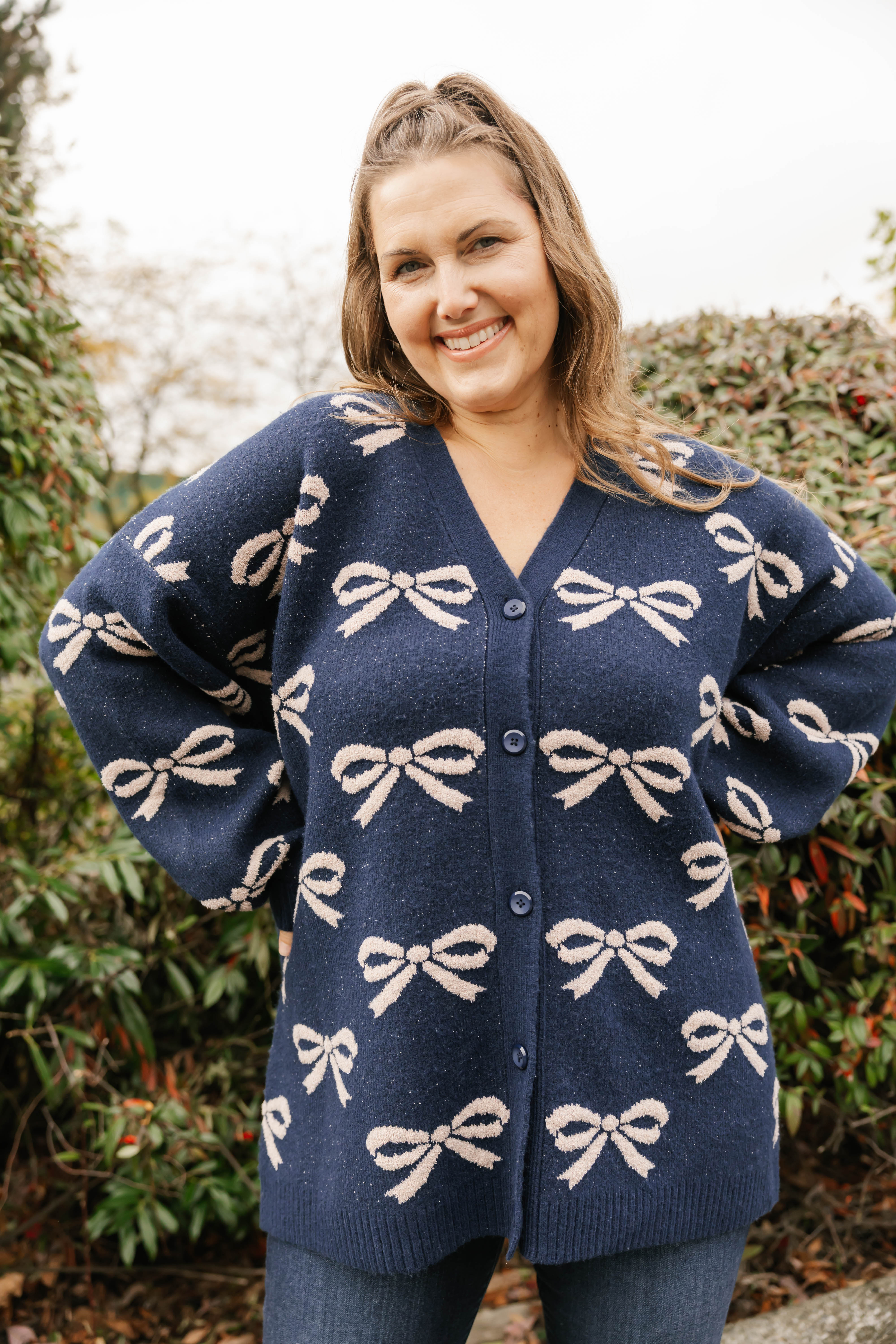 Fuzzy Bow Cardigan in Navy/Taupe