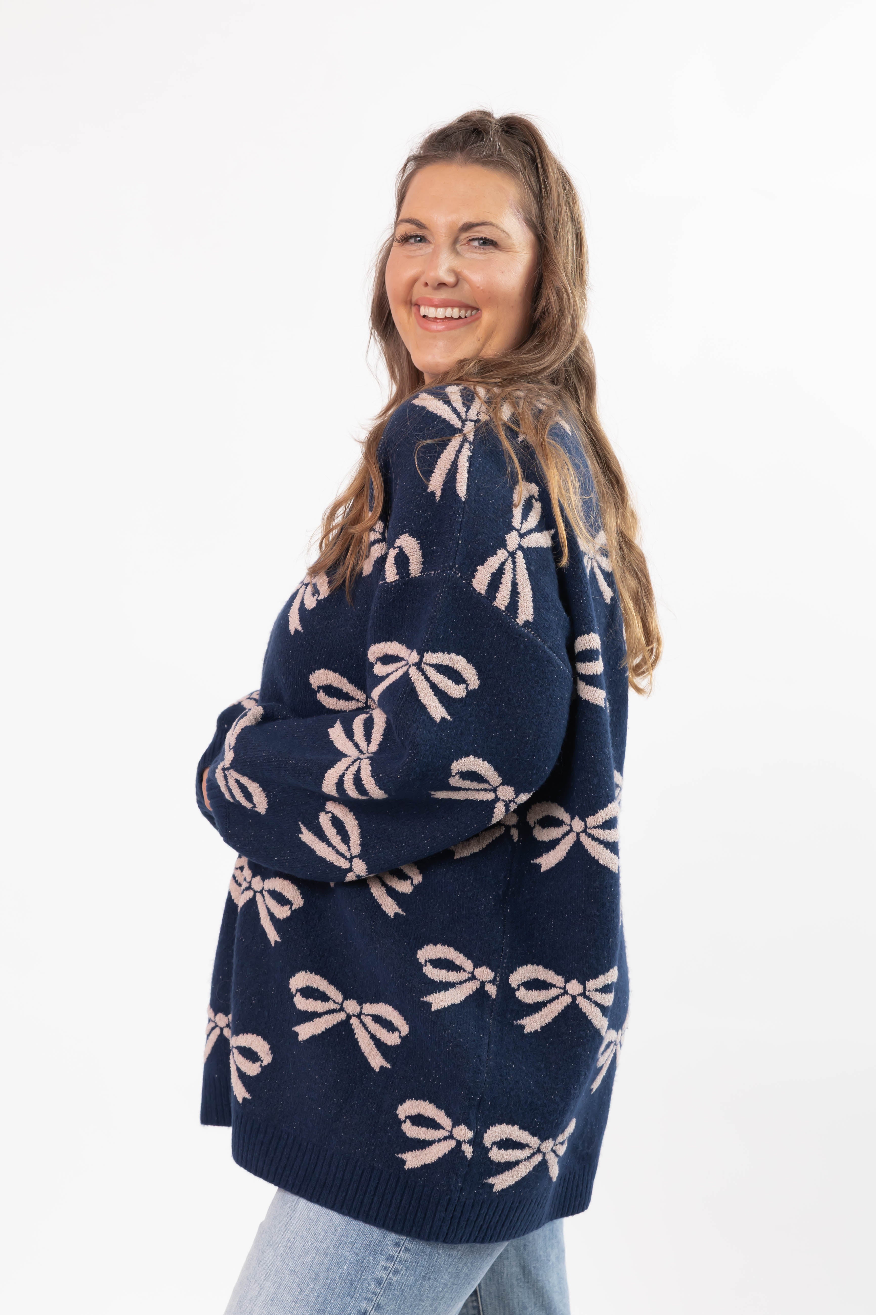 Fuzzy Bow Cardigan in Navy/Taupe