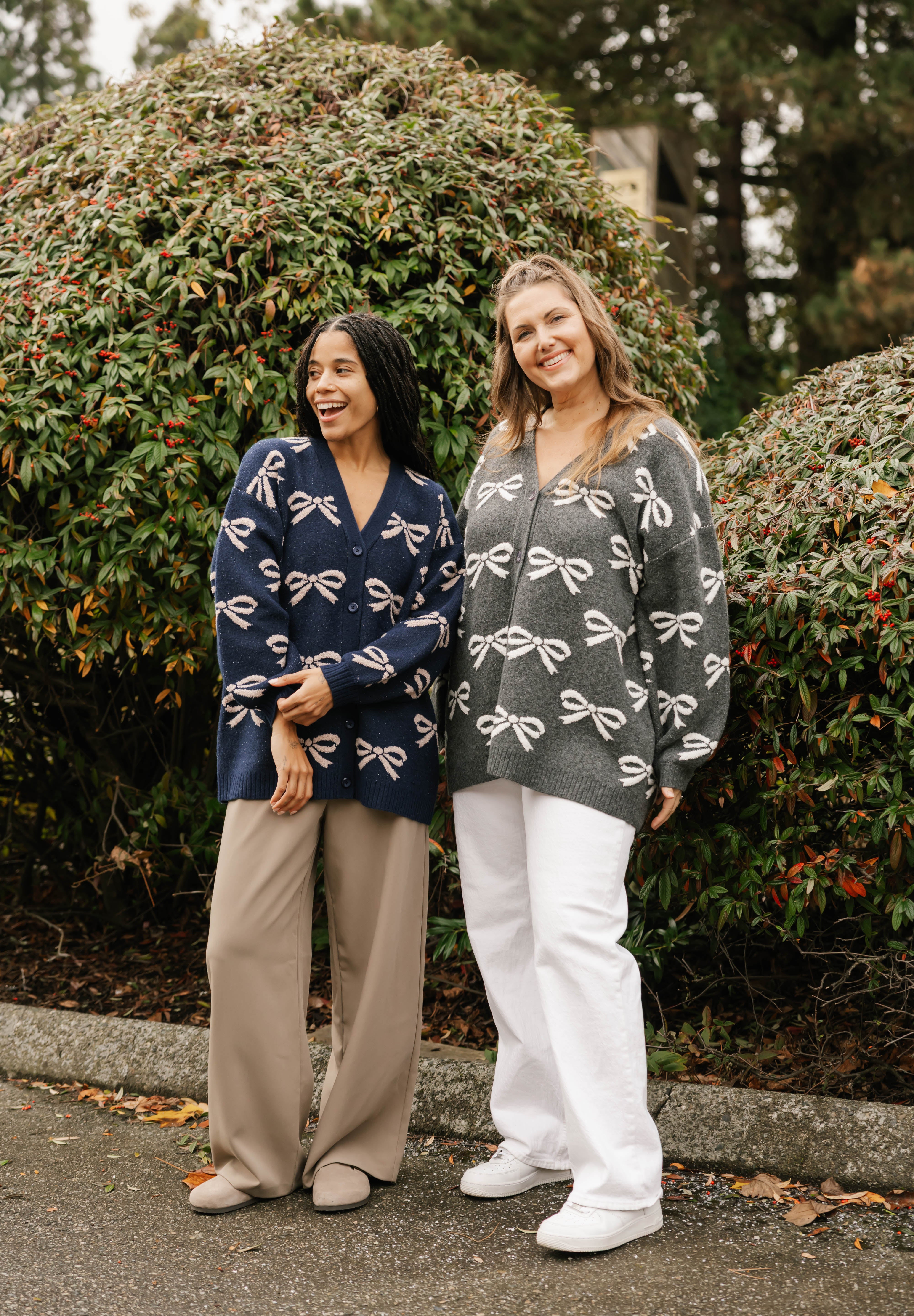 Fuzzy Bow Cardigan in Navy/Taupe