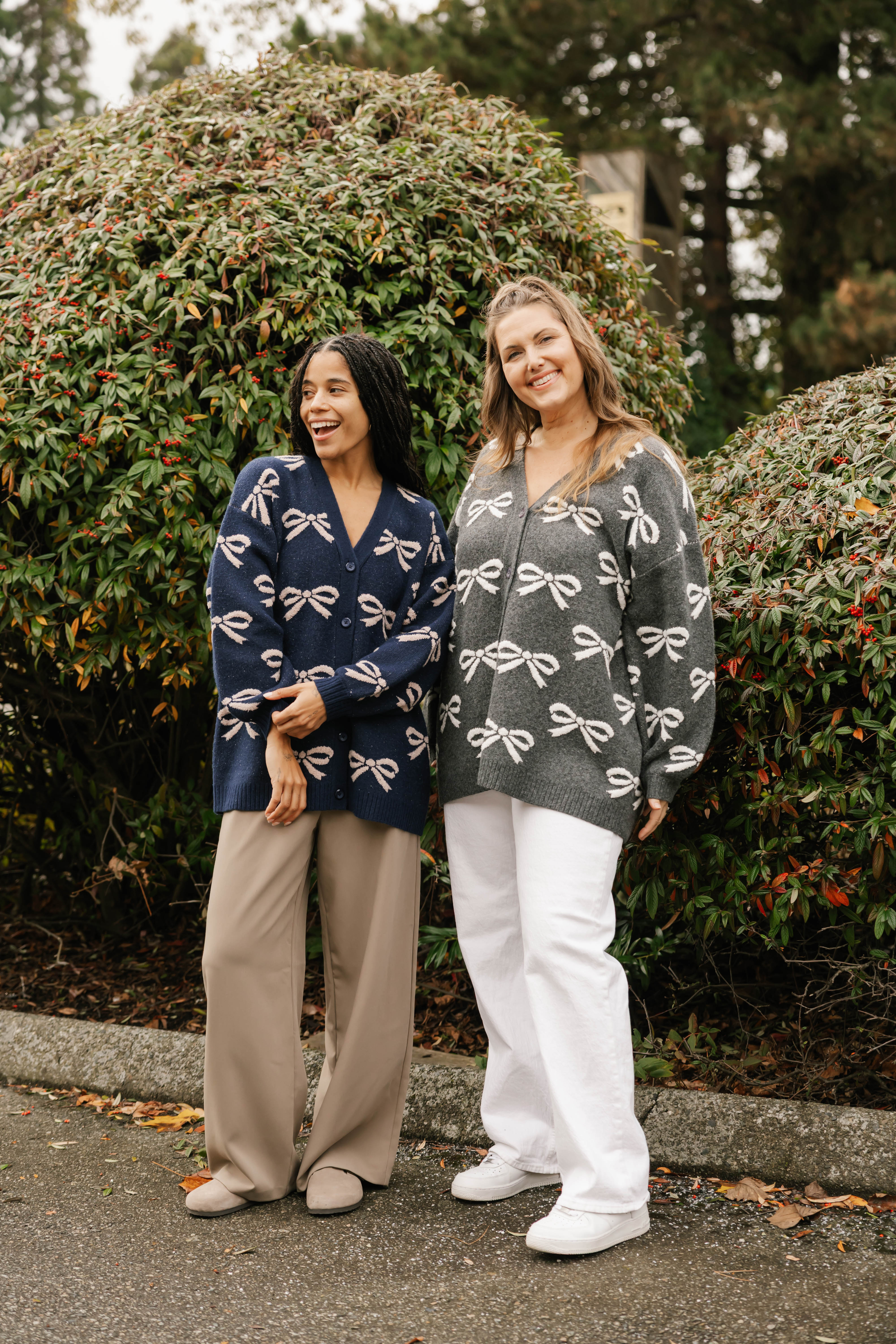 Fuzzy Bow Cardigan in Navy/Taupe