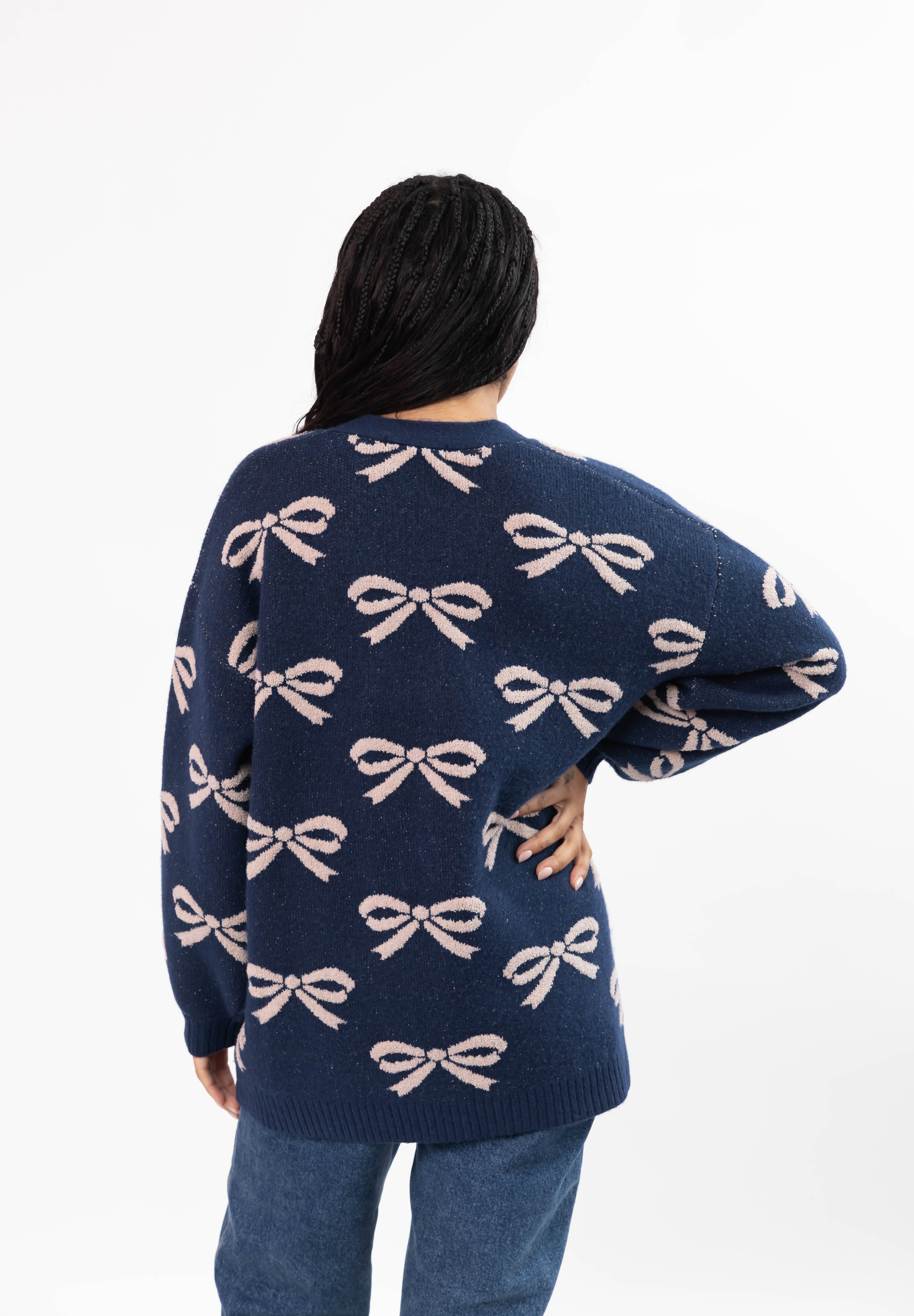 Fuzzy Bow Cardigan in Navy/Taupe
