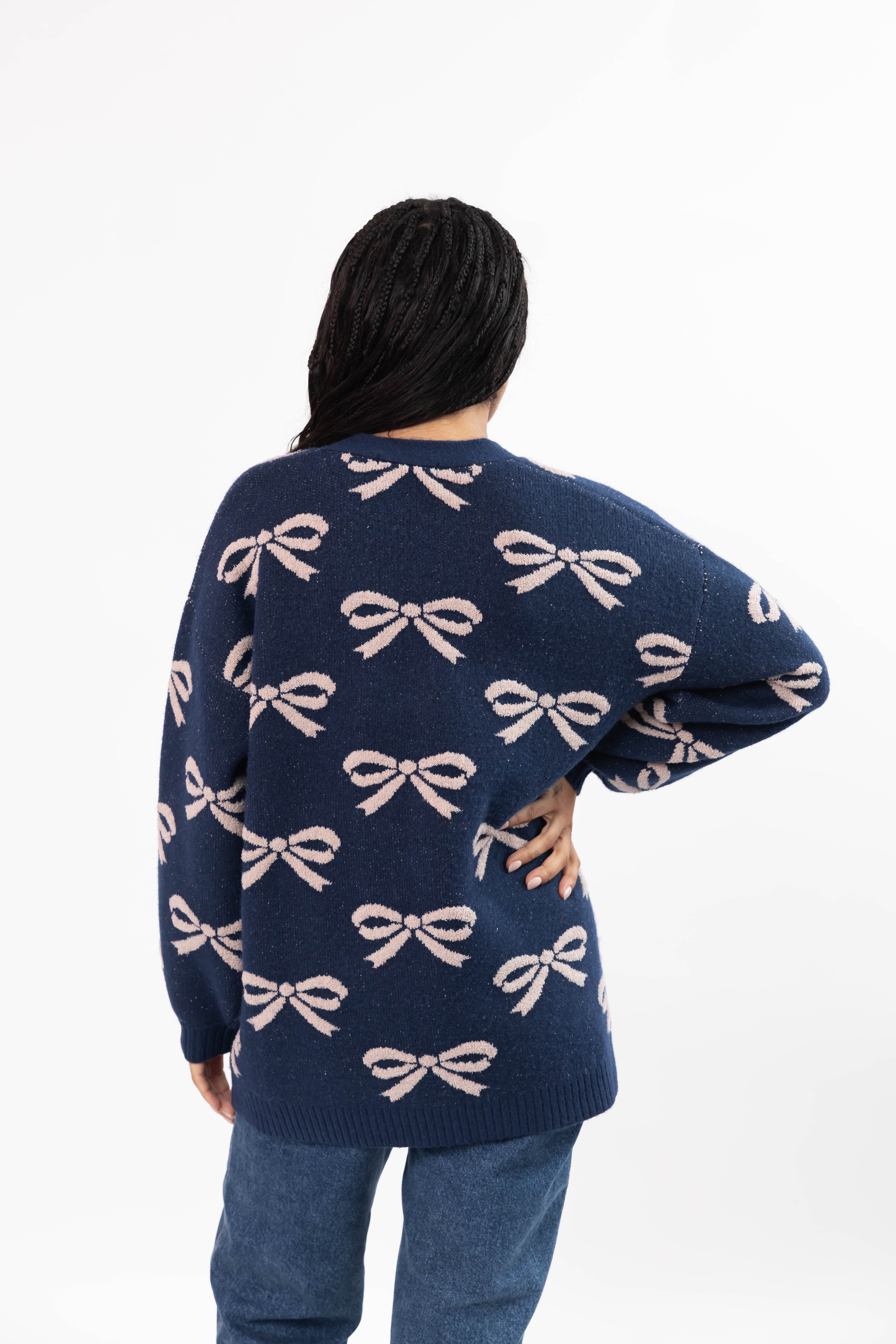 Fuzzy Bow Cardigan in Navy/Taupe