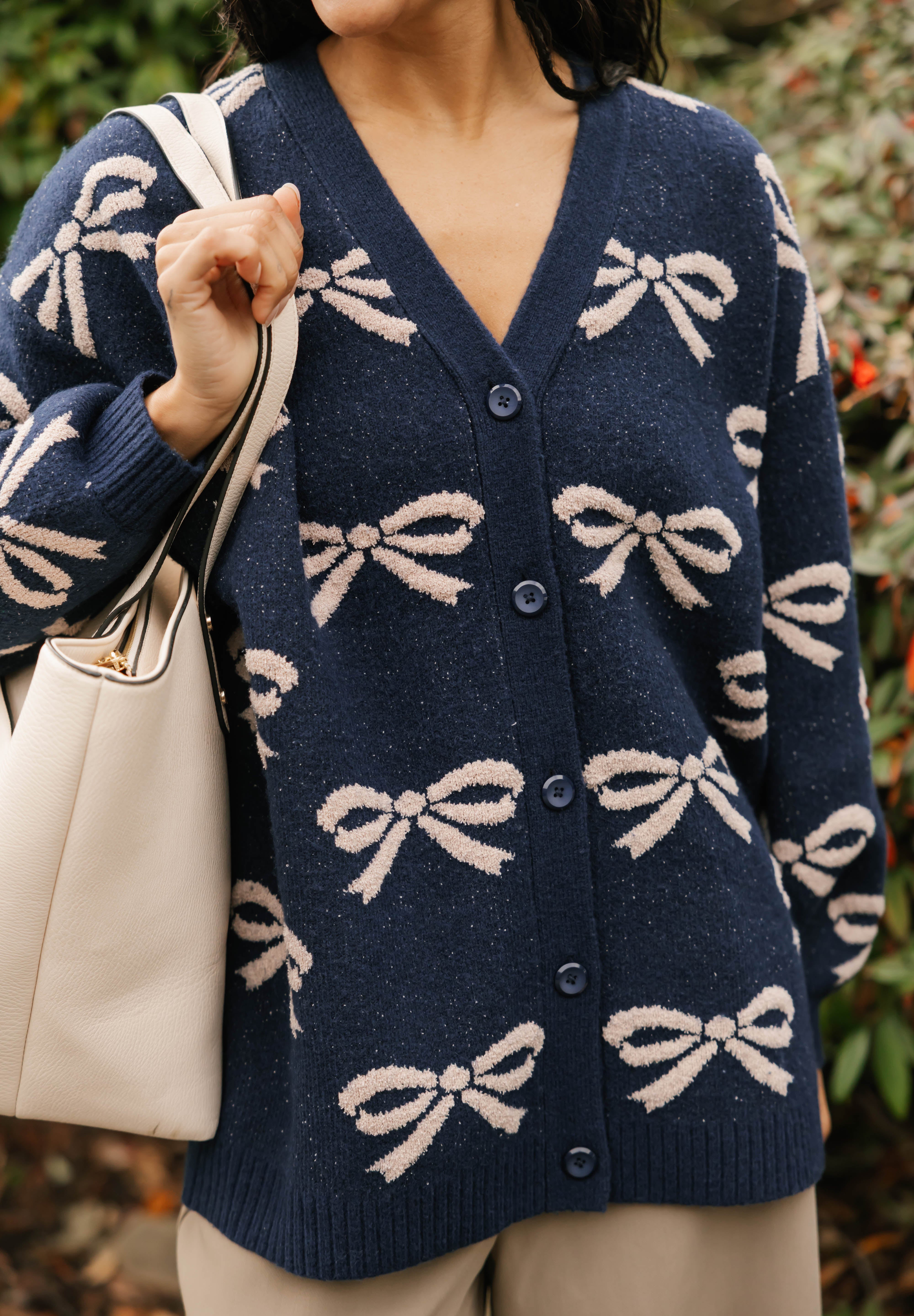 Fuzzy Bow Cardigan in Navy/Taupe