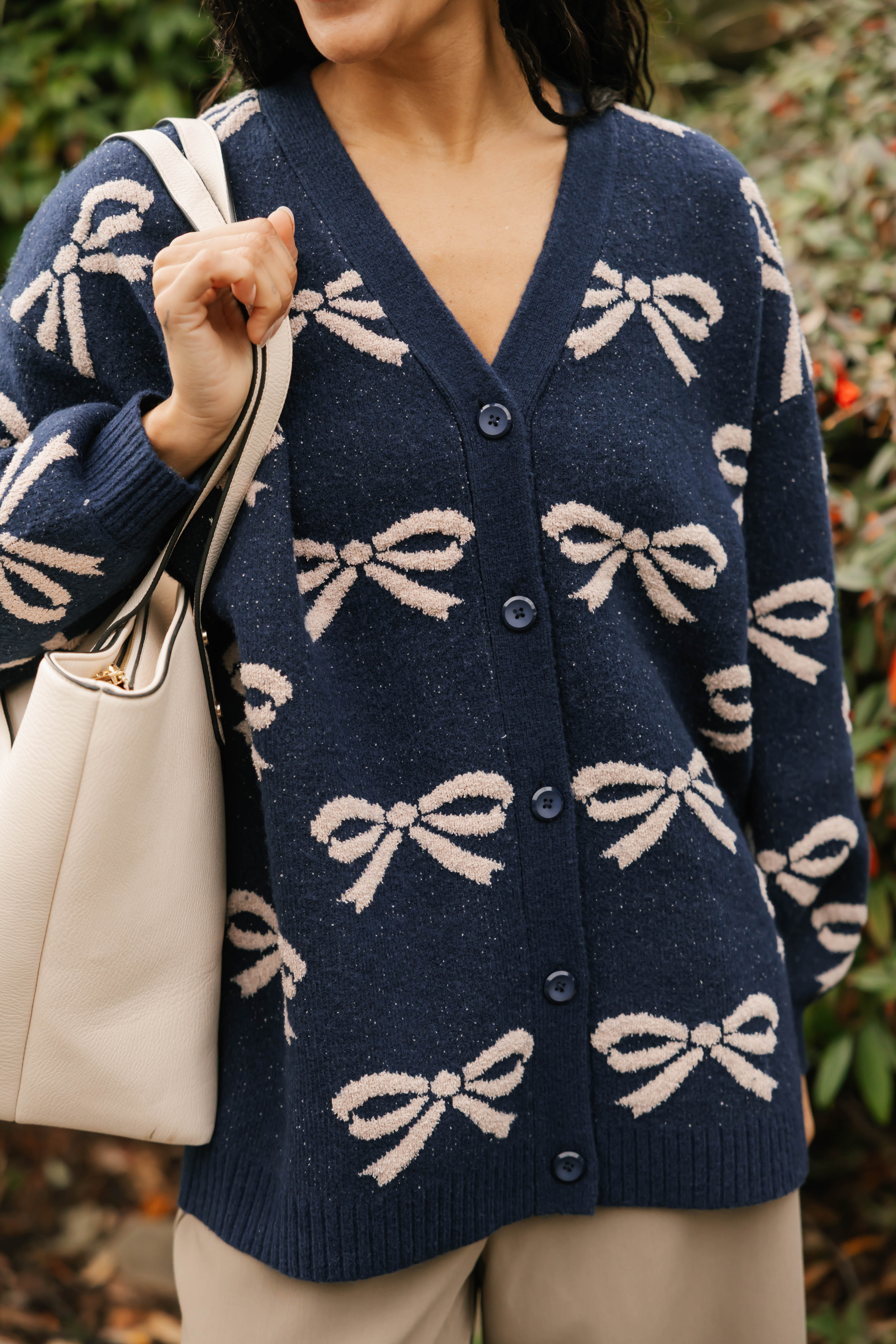 Fuzzy Bow Cardigan in Navy/Taupe