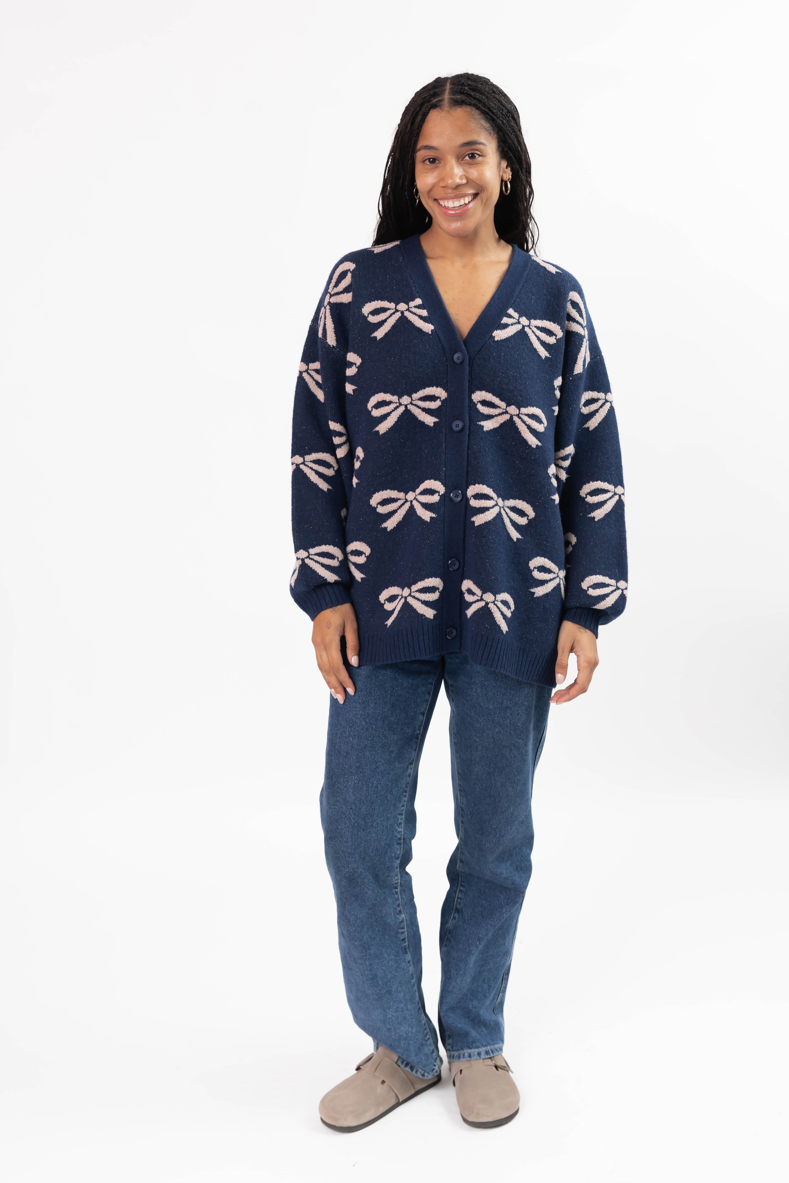 Fuzzy Bow Cardigan in Navy/Taupe