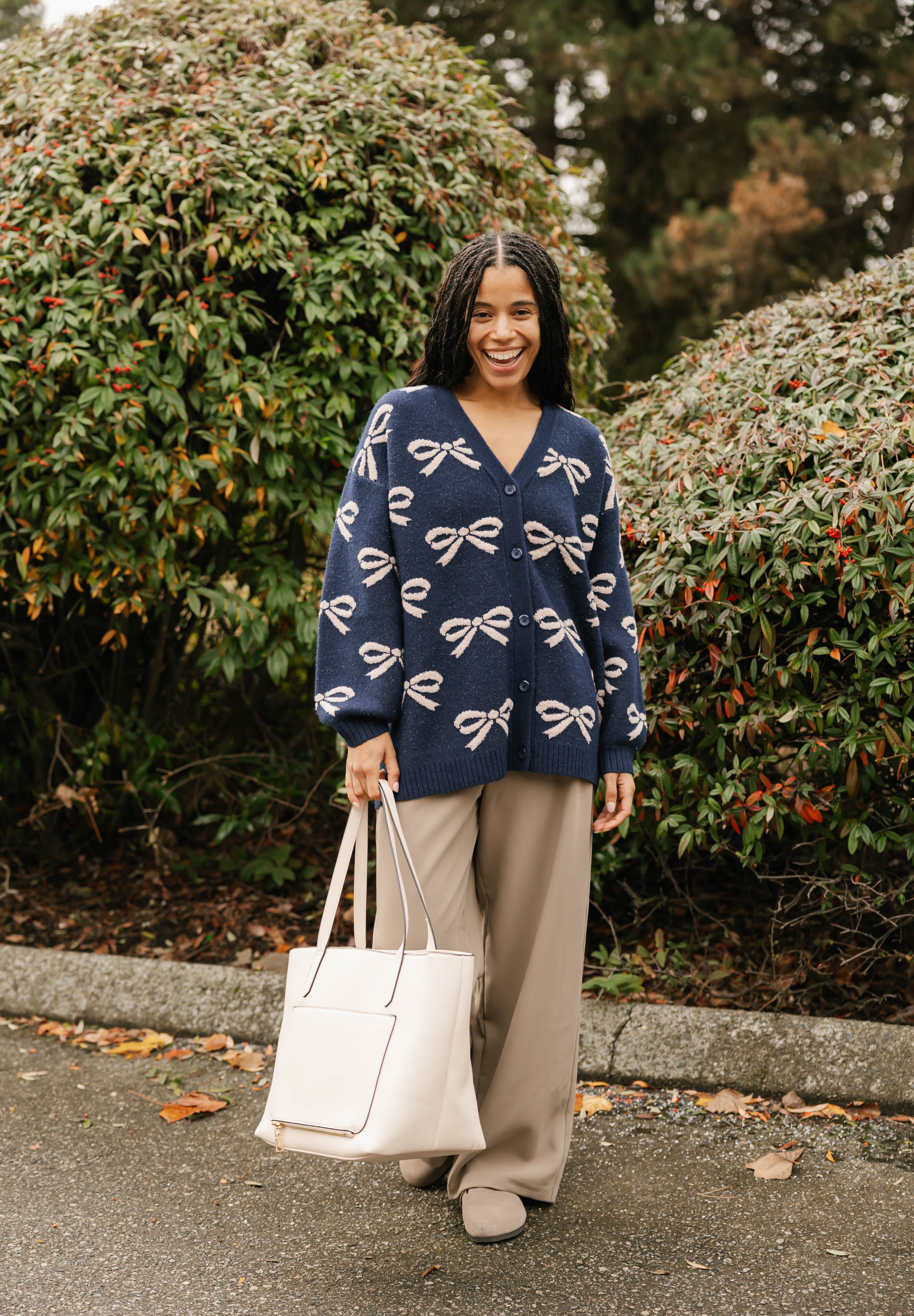 Fuzzy Bow Cardigan in Navy/Taupe