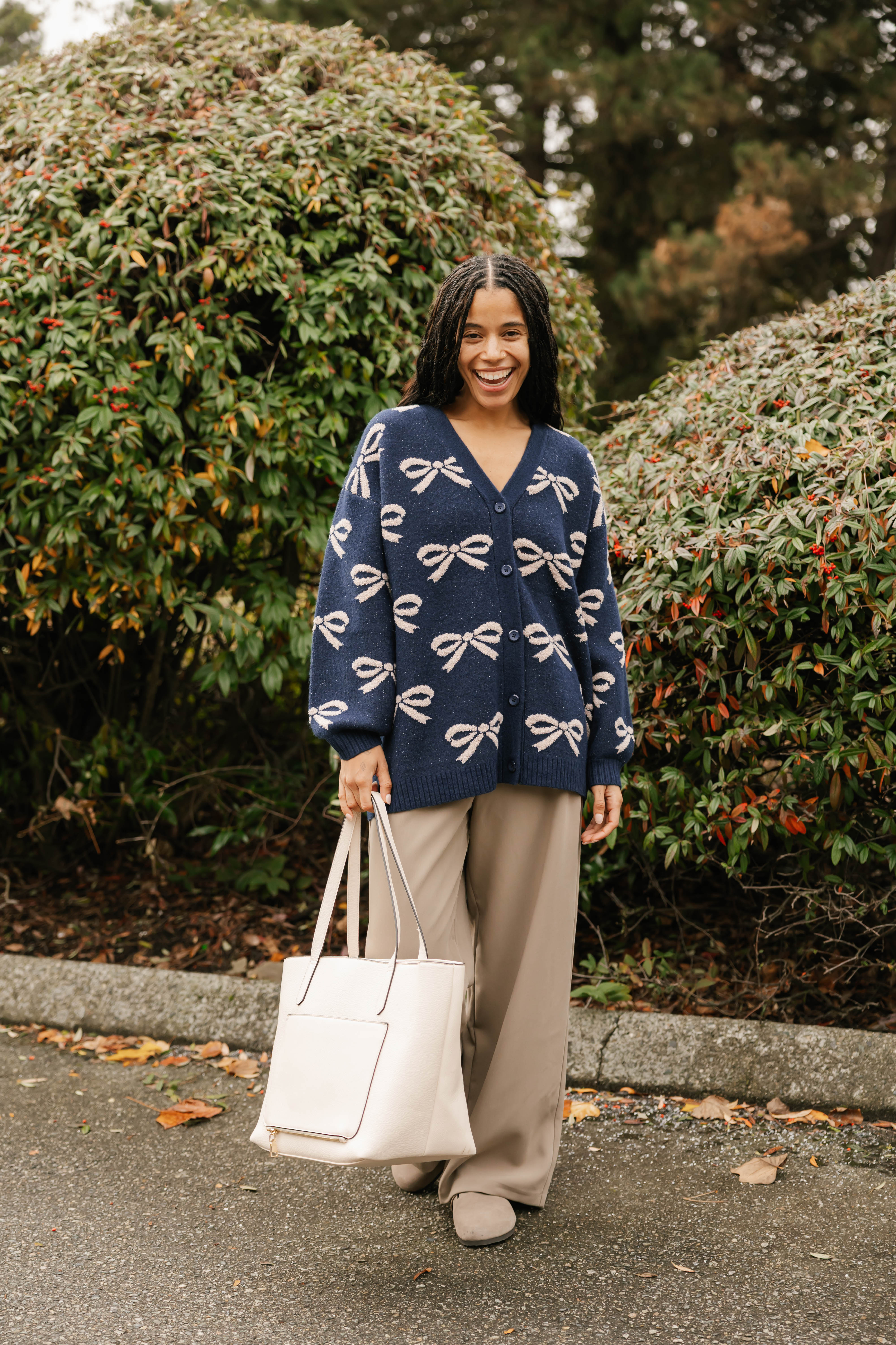 Fuzzy Bow Cardigan in Navy/Taupe