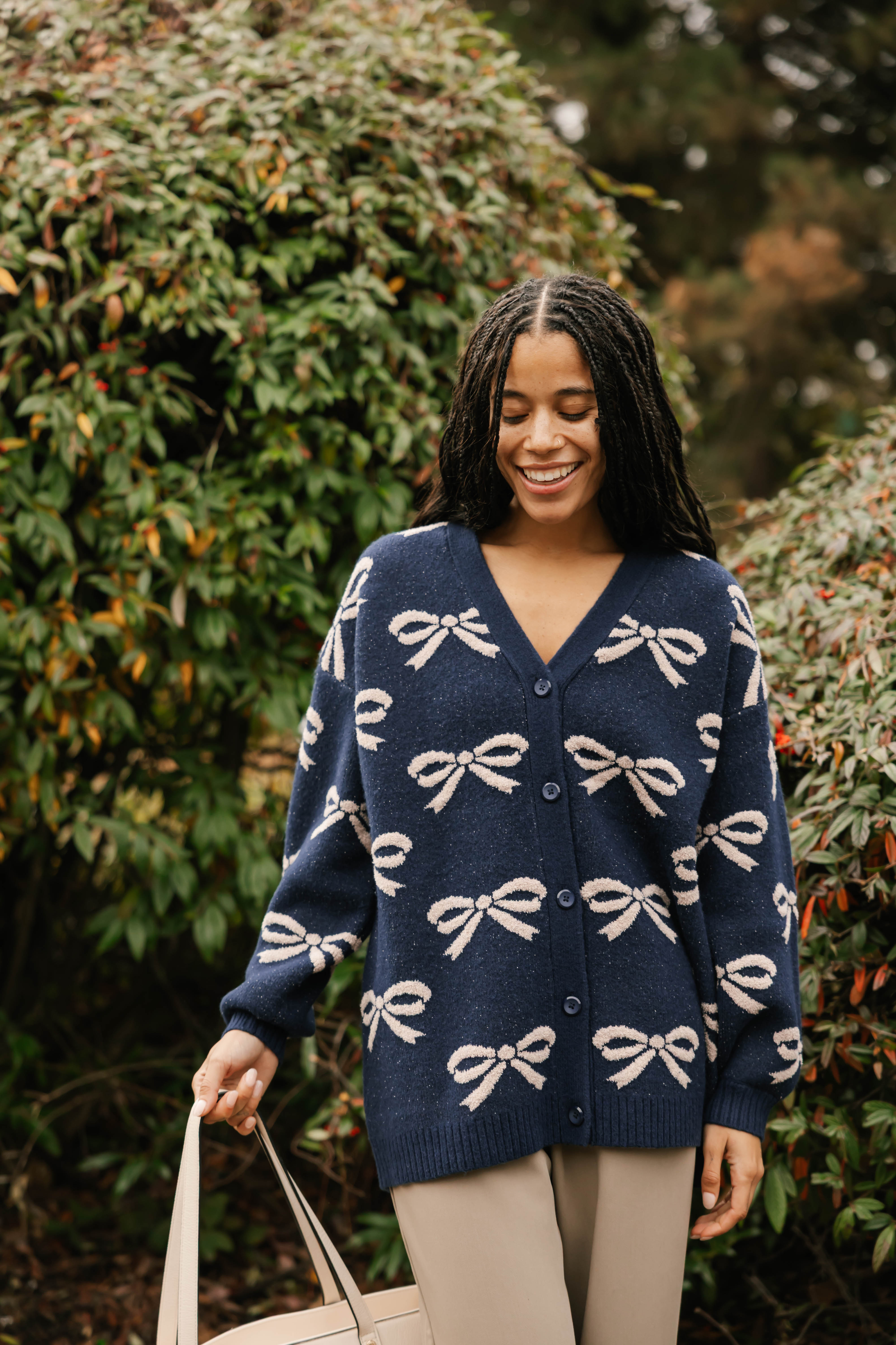 Fuzzy Bow Cardigan in Navy/Taupe