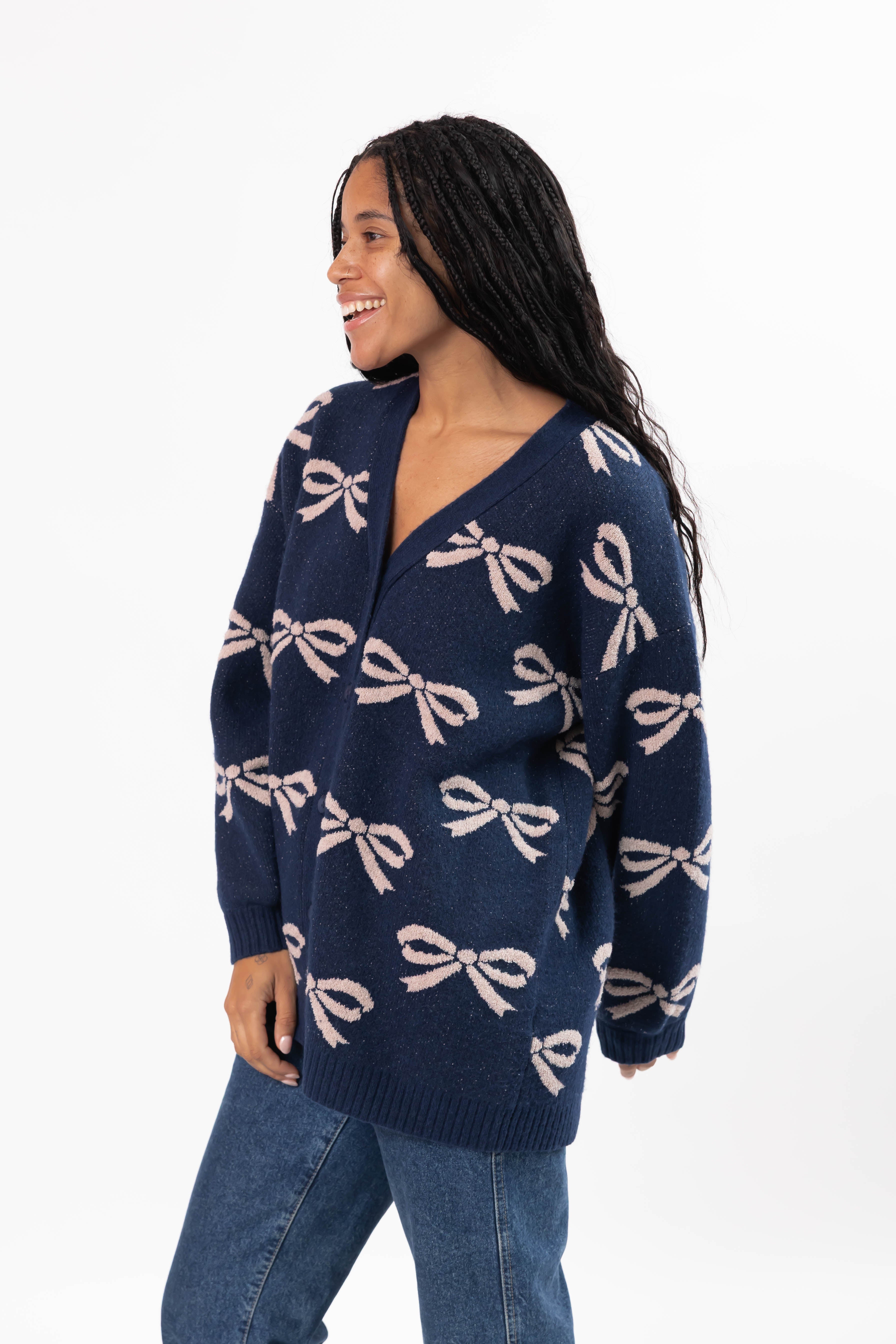 Fuzzy Bow Cardigan in Navy/Taupe